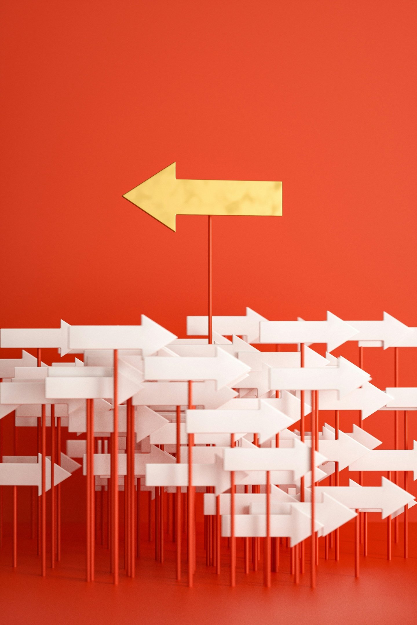 Auksinė rodyklė išsiskiria iš kitų, simbolizuojanti "Gervė Web Works" kryptį ir unikalumą.