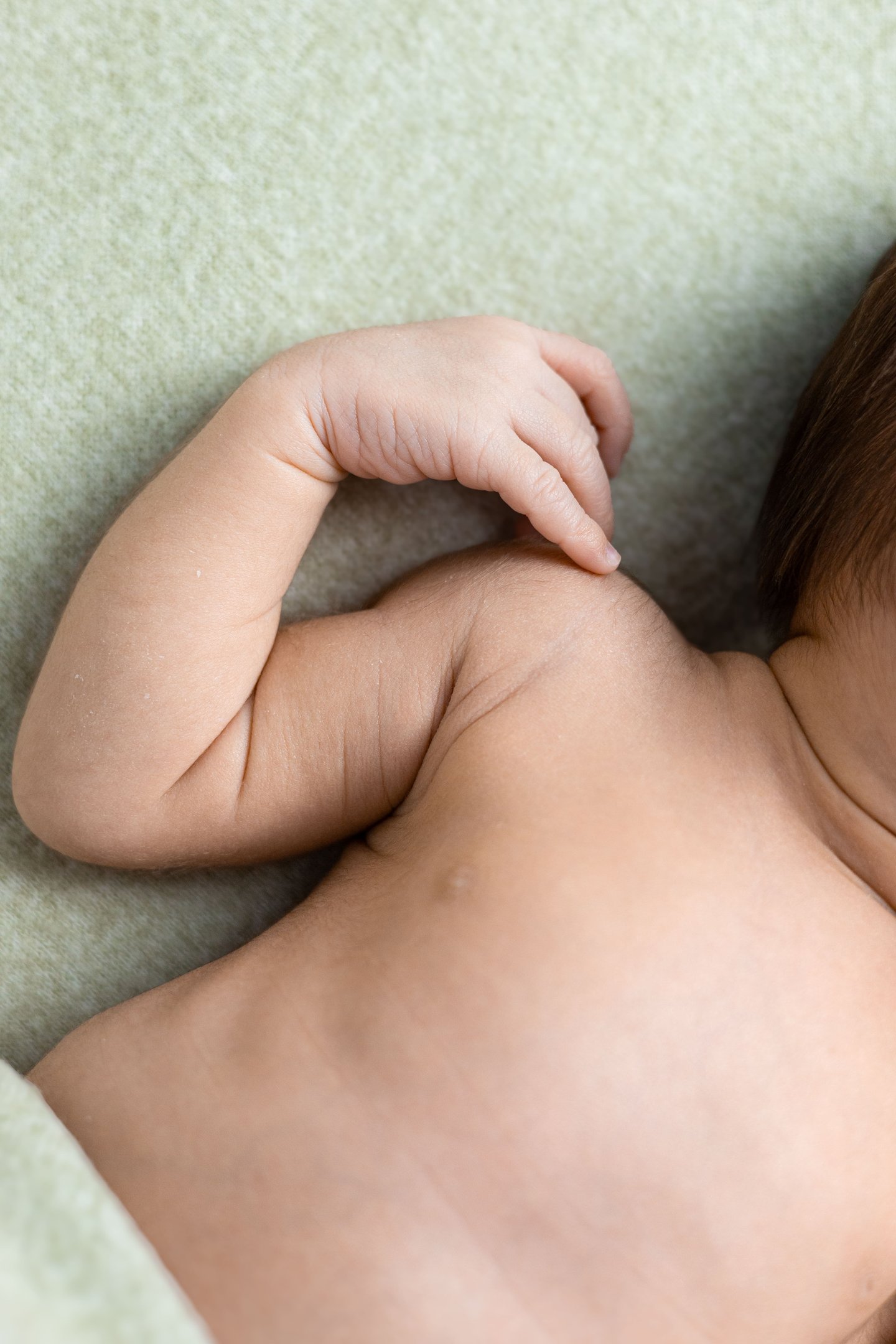 Detall de mans i cos d'un bebè nounat en una sessió de fotos newborn a Girona en estudi fotogràfic