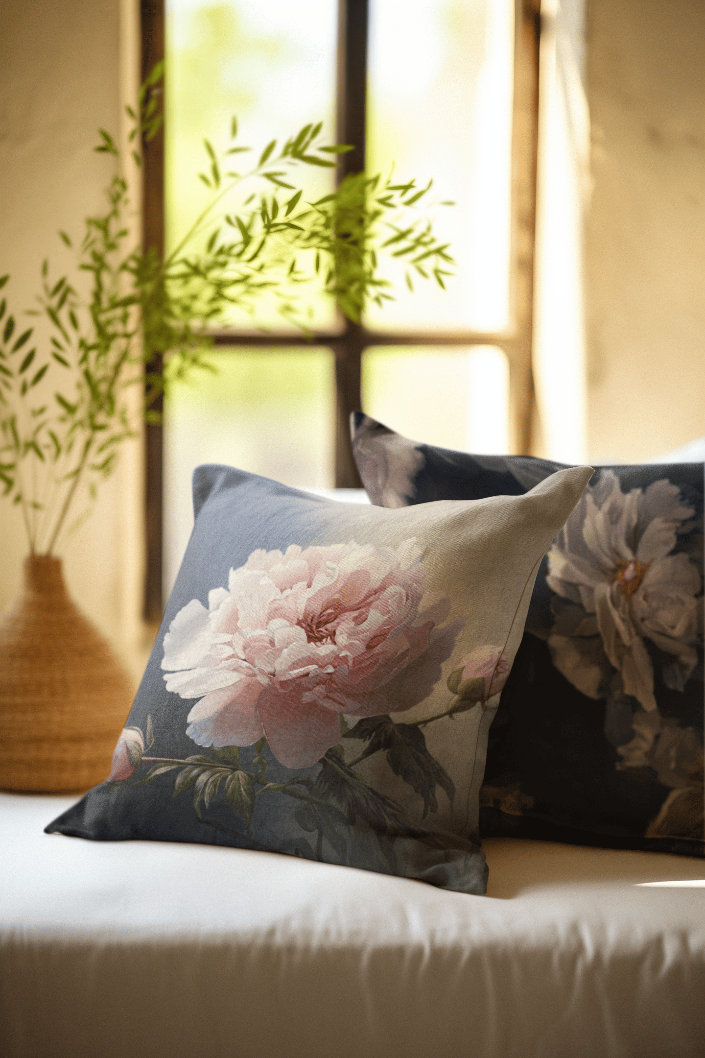Elegant floral throw pillows with pink peony patterns on a white bed by a sunny window.