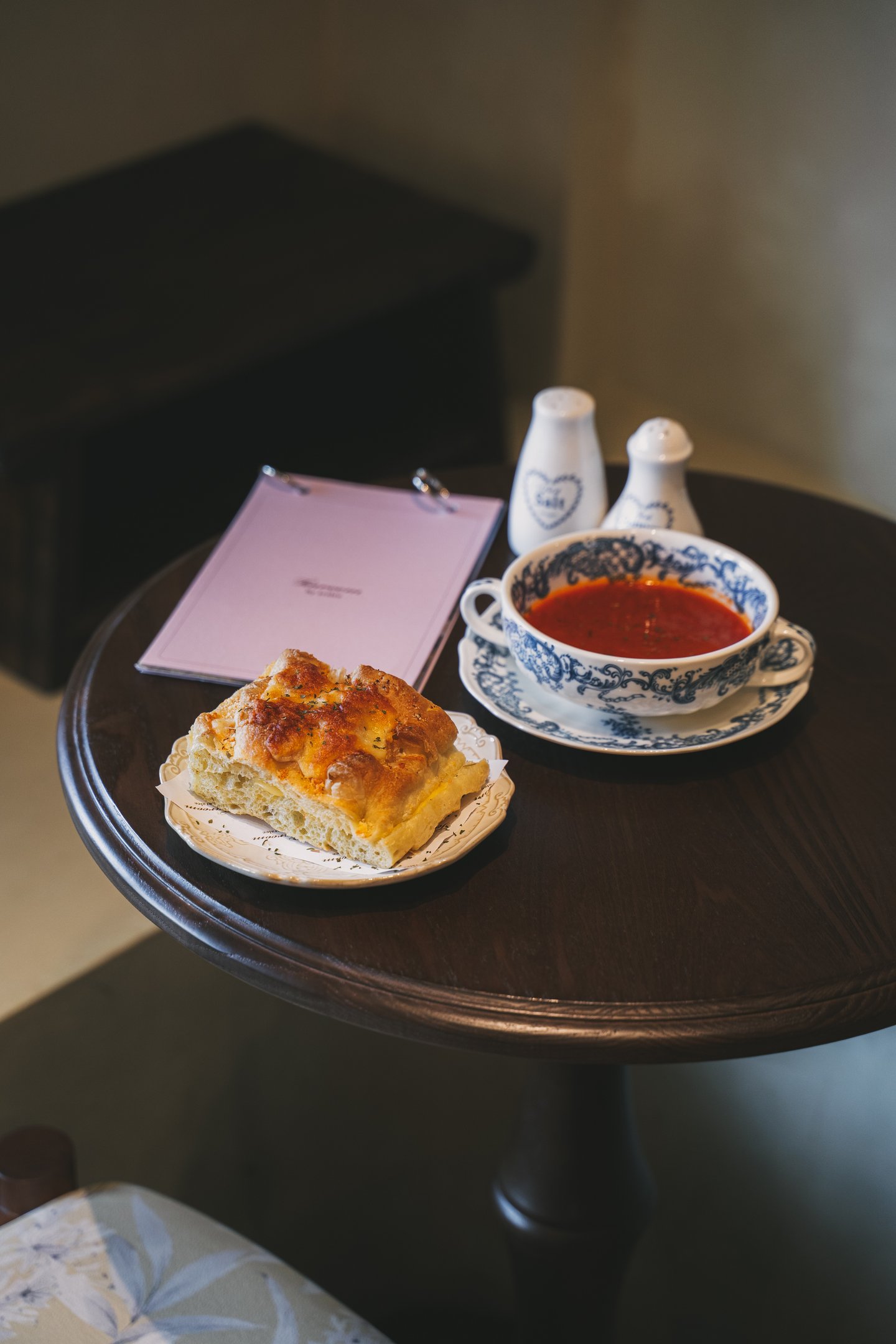 Quattro Formaggi Focaccia and Tomato Soup at Tearoom by Aralee Batam