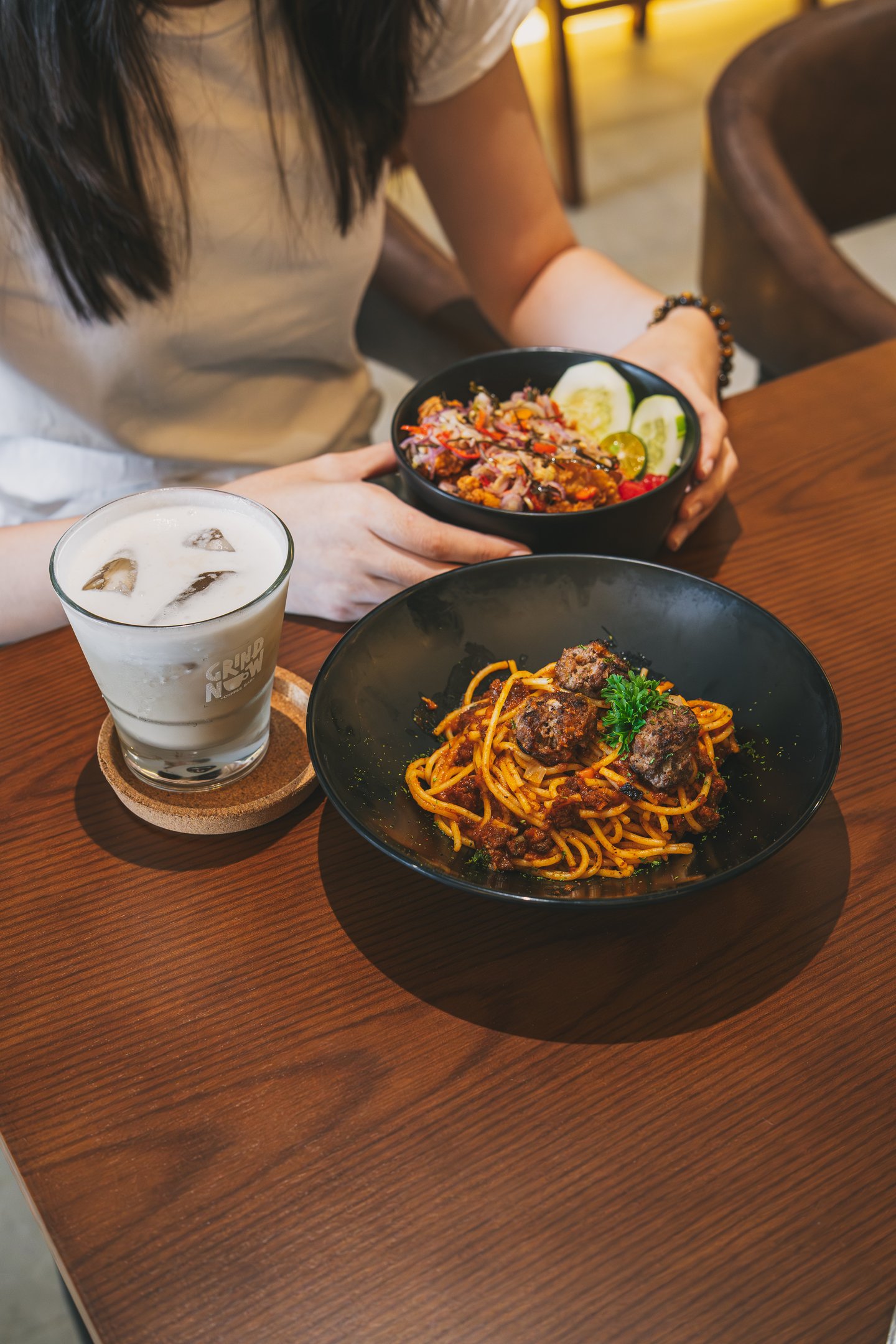 Meatballs Bolognese and Rice Bowl Sambal Matah at Grind Now Coffee Bar Batam