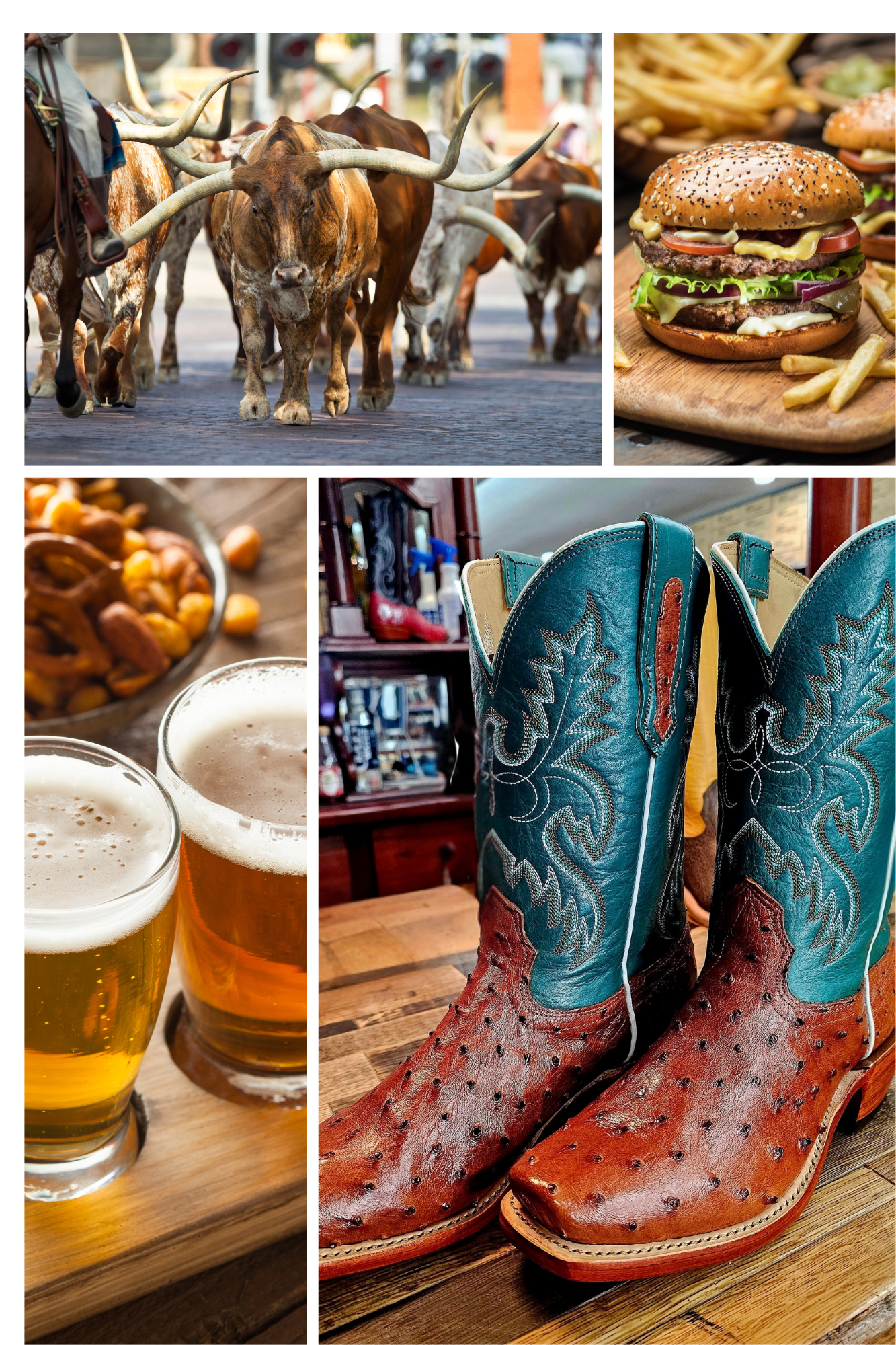 multiple images showing longhorn cattle, burgers and fries, beer, and cowboy boots
