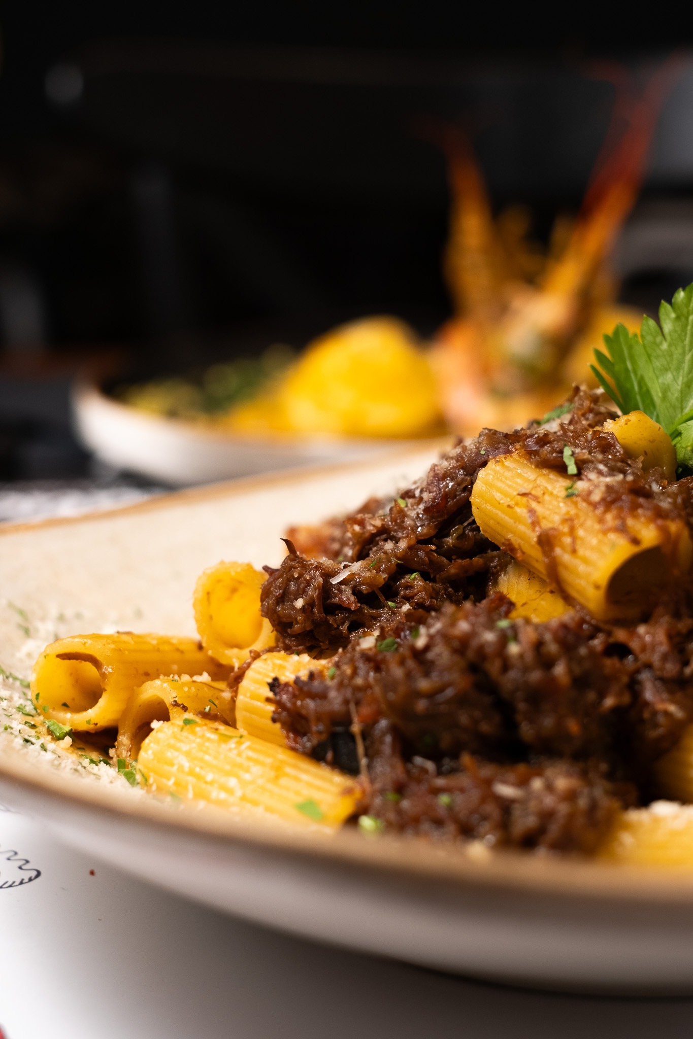 a plate of pasta with pasta and meat