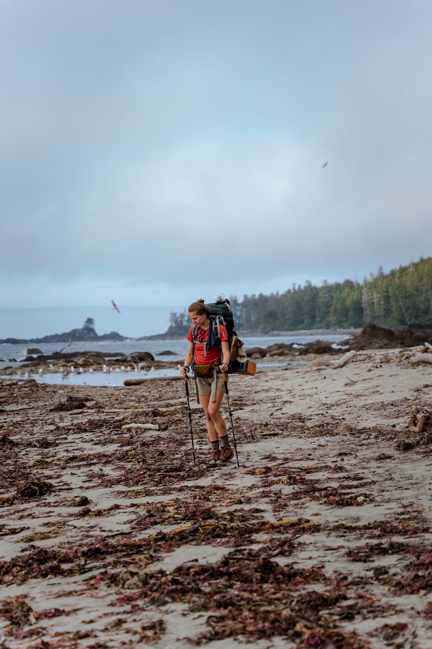a man with a backpacker walking on a beach