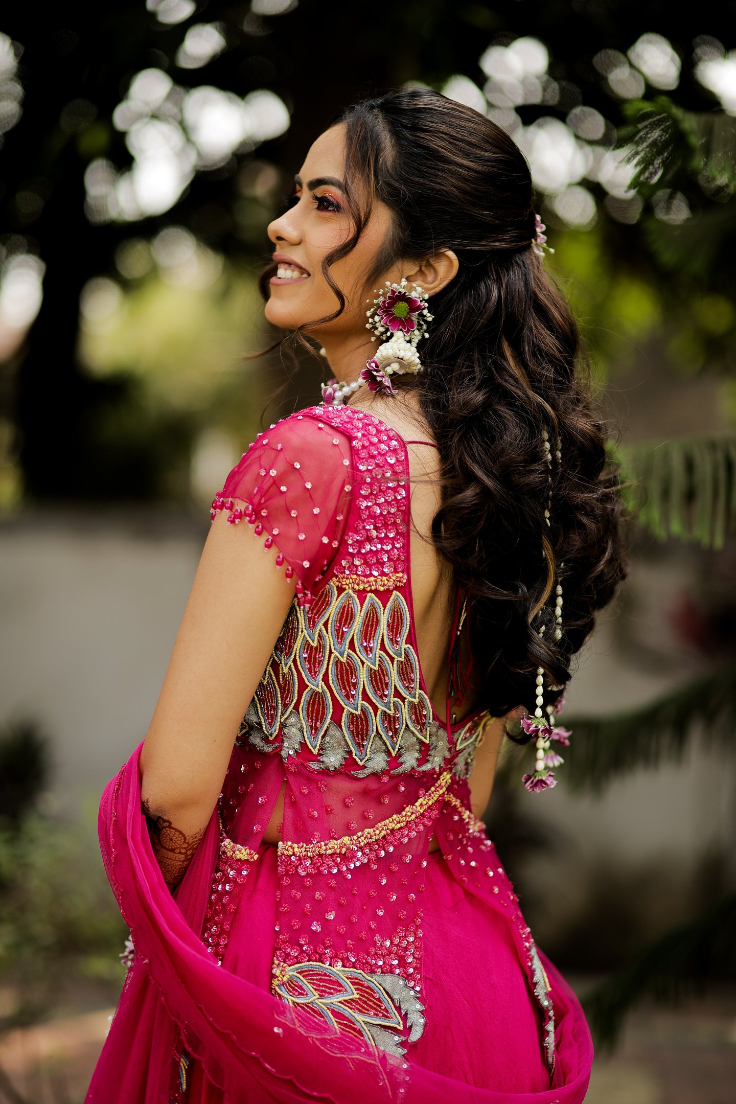 bridal hairstyle haldi, soft curls hairstyle, floral bridal hairstyle, indian wedding hair, haldi ha