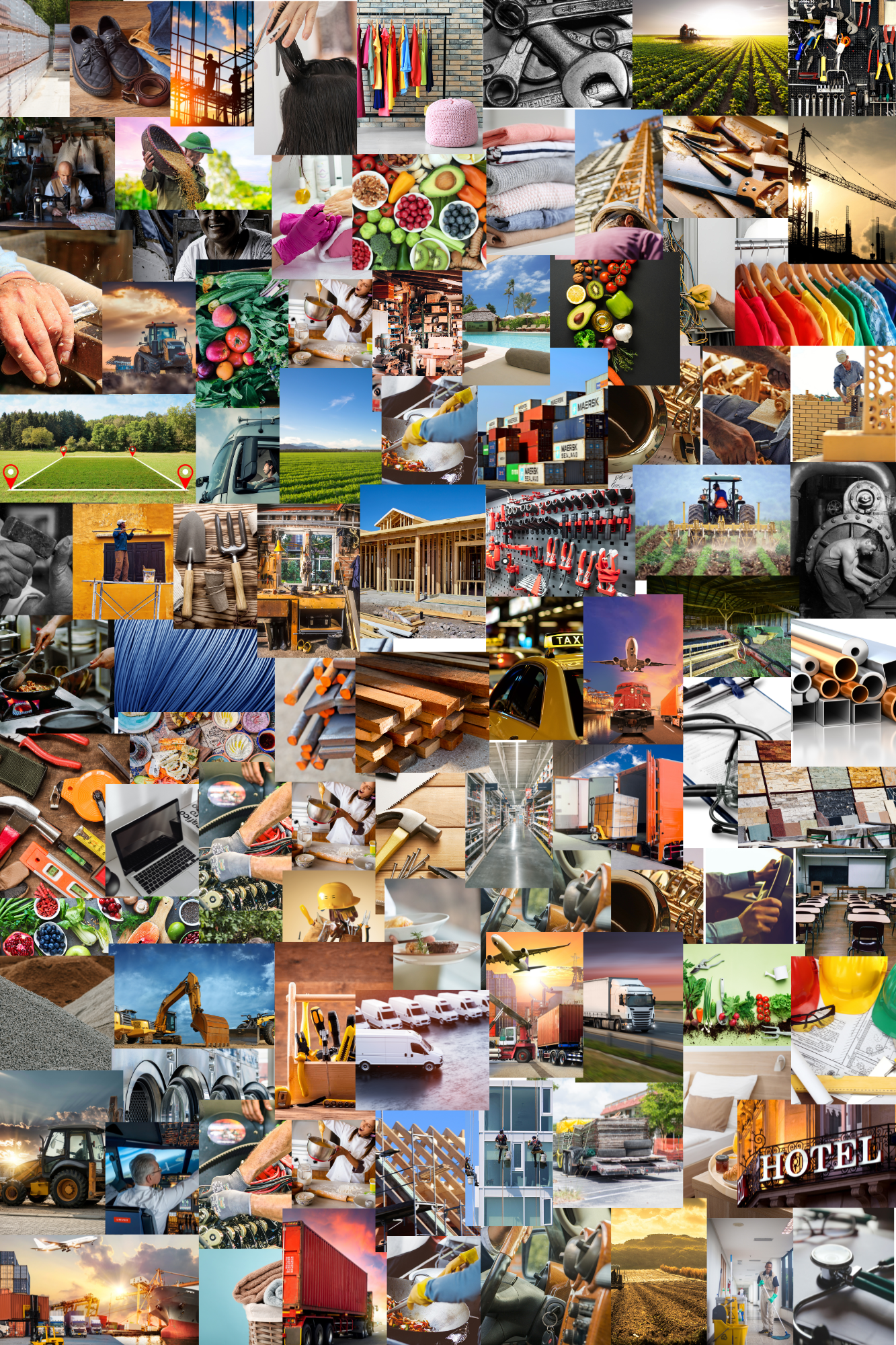 Colagem de imagens com equipamentos de construção, simbolizando infraestrutura e recursos.