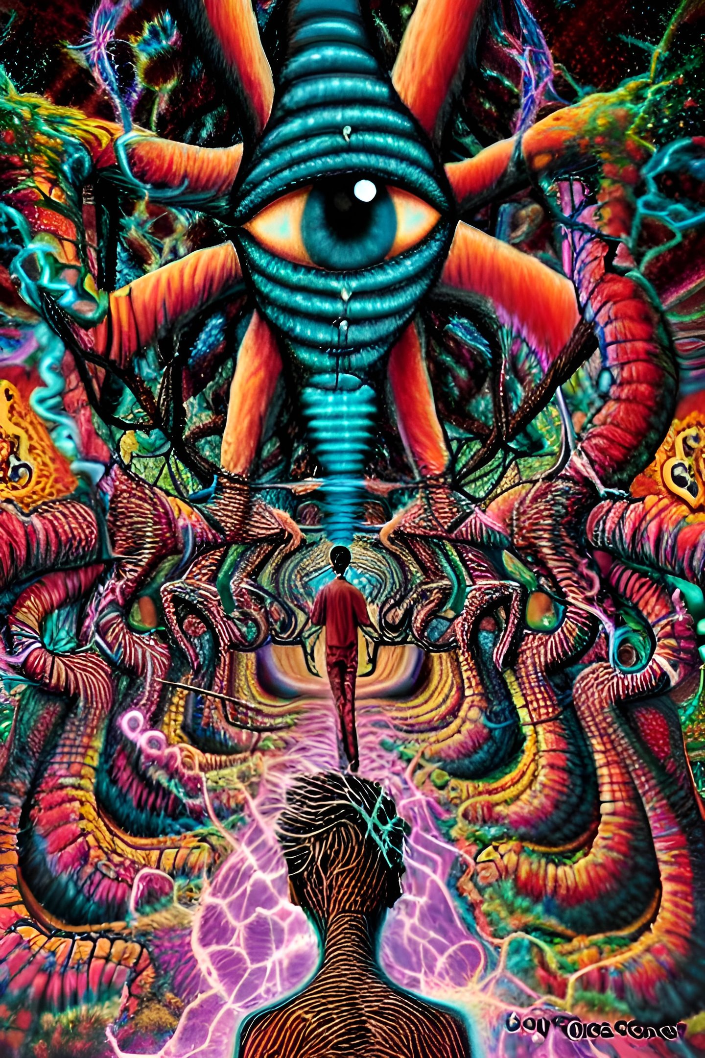 a man standing in front of a painting of a giant eyeball