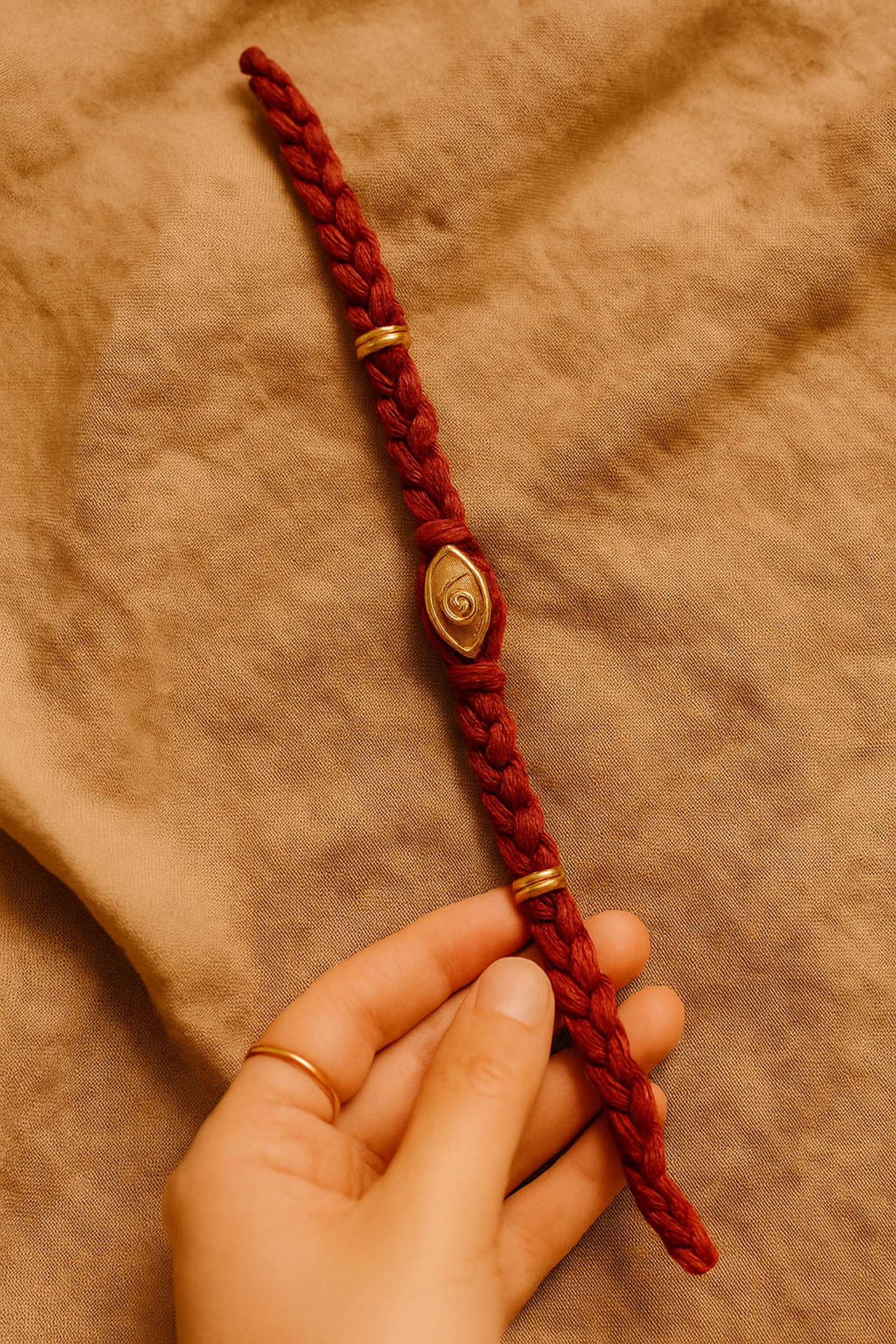 Fil rouge avec spirale dorée, symbole de structure énergétique et de transmission intuitive du soin