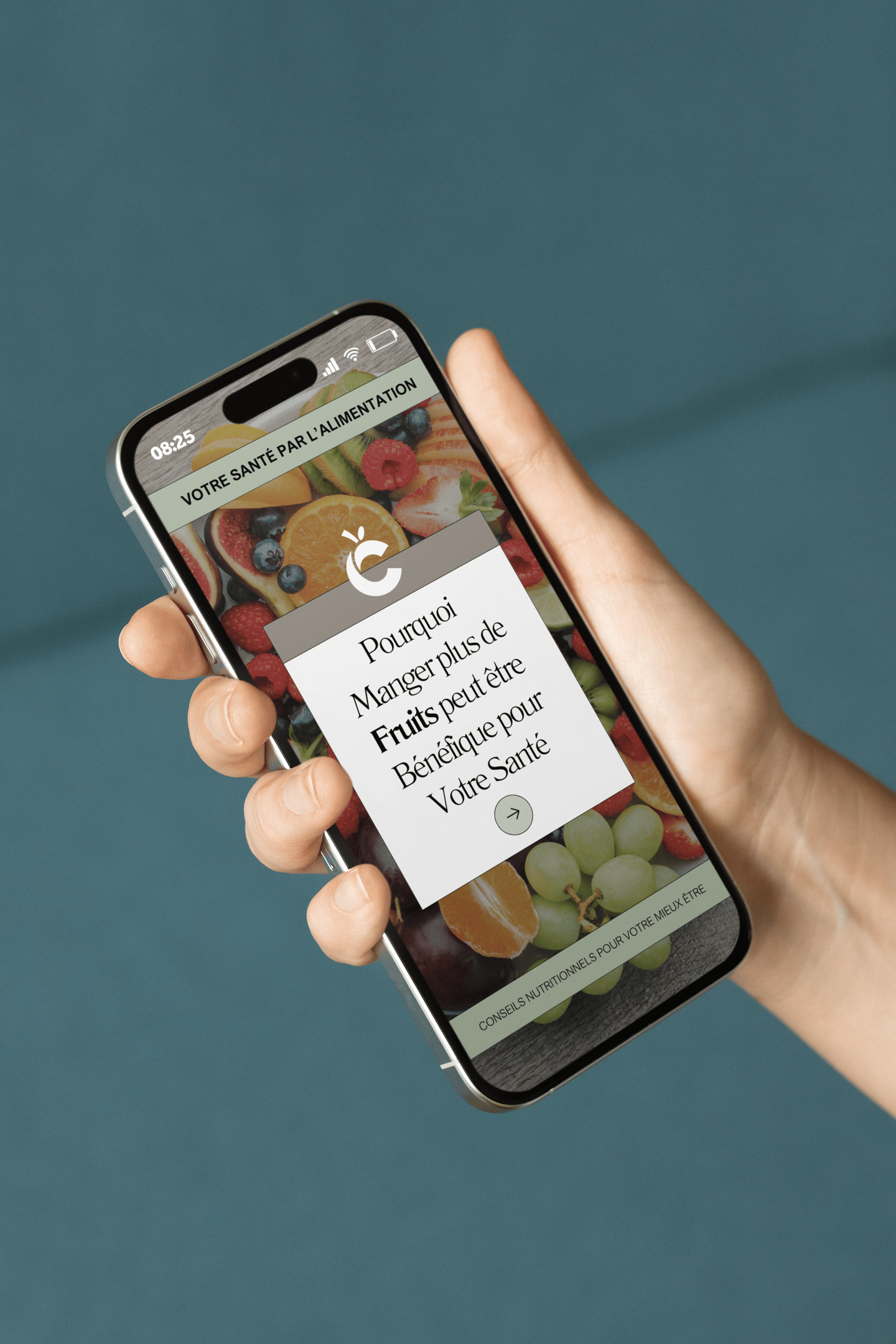 Mobile affichant un post et le logo d'un diététicien sur les bienfaits de manger des fruits.