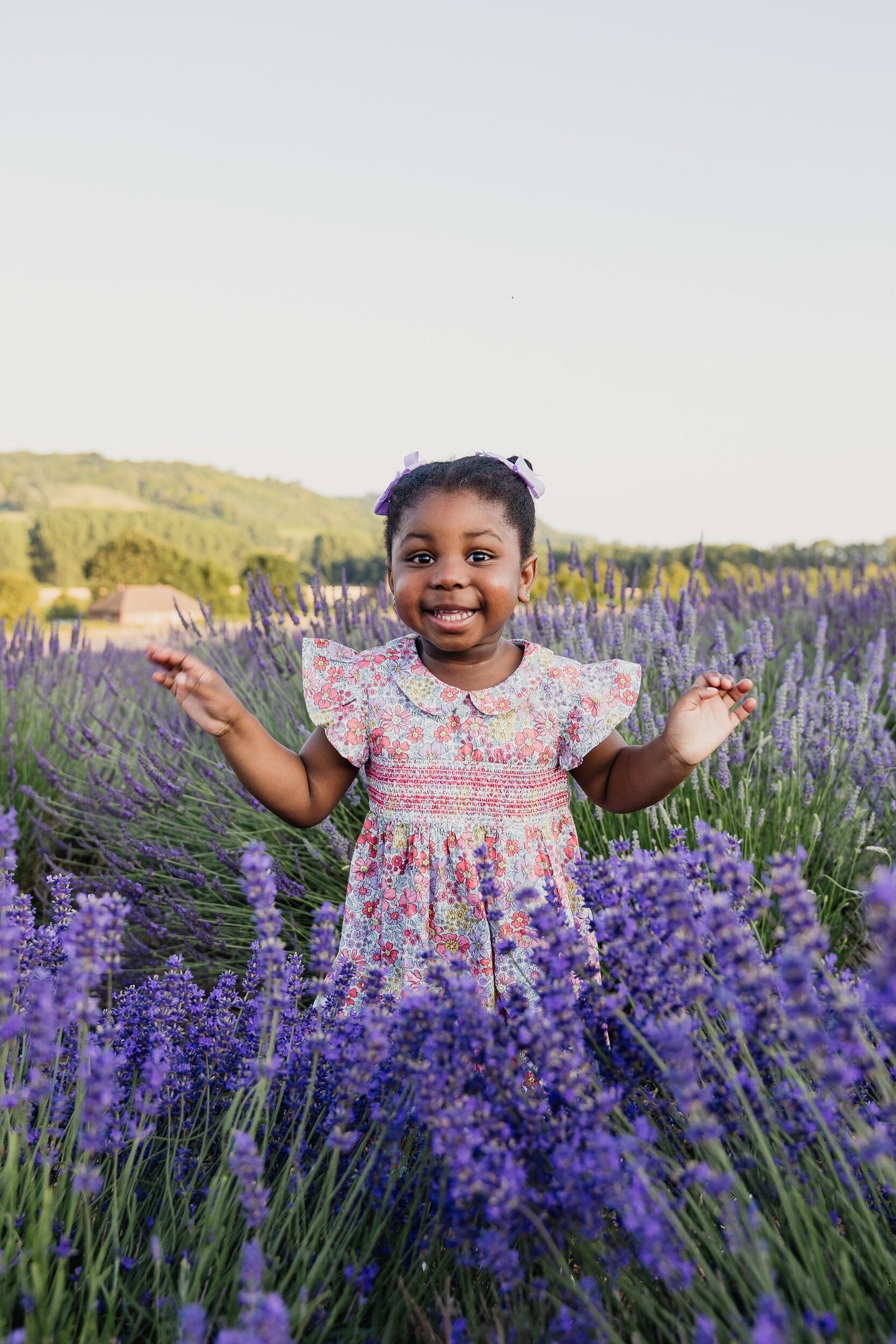 a little girl standing in a field of lavender flowers in Kent, UK