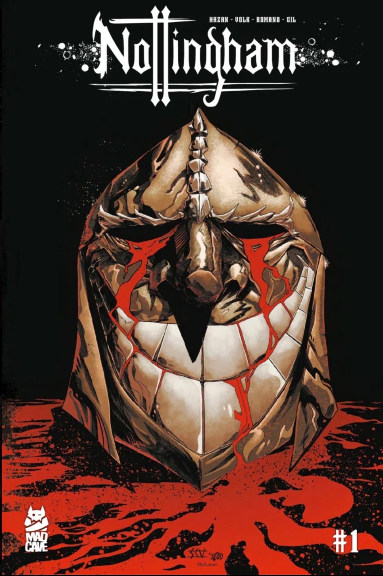 Nottingham issue number one comic book cover featuring a bloody knight helmet on a black background.