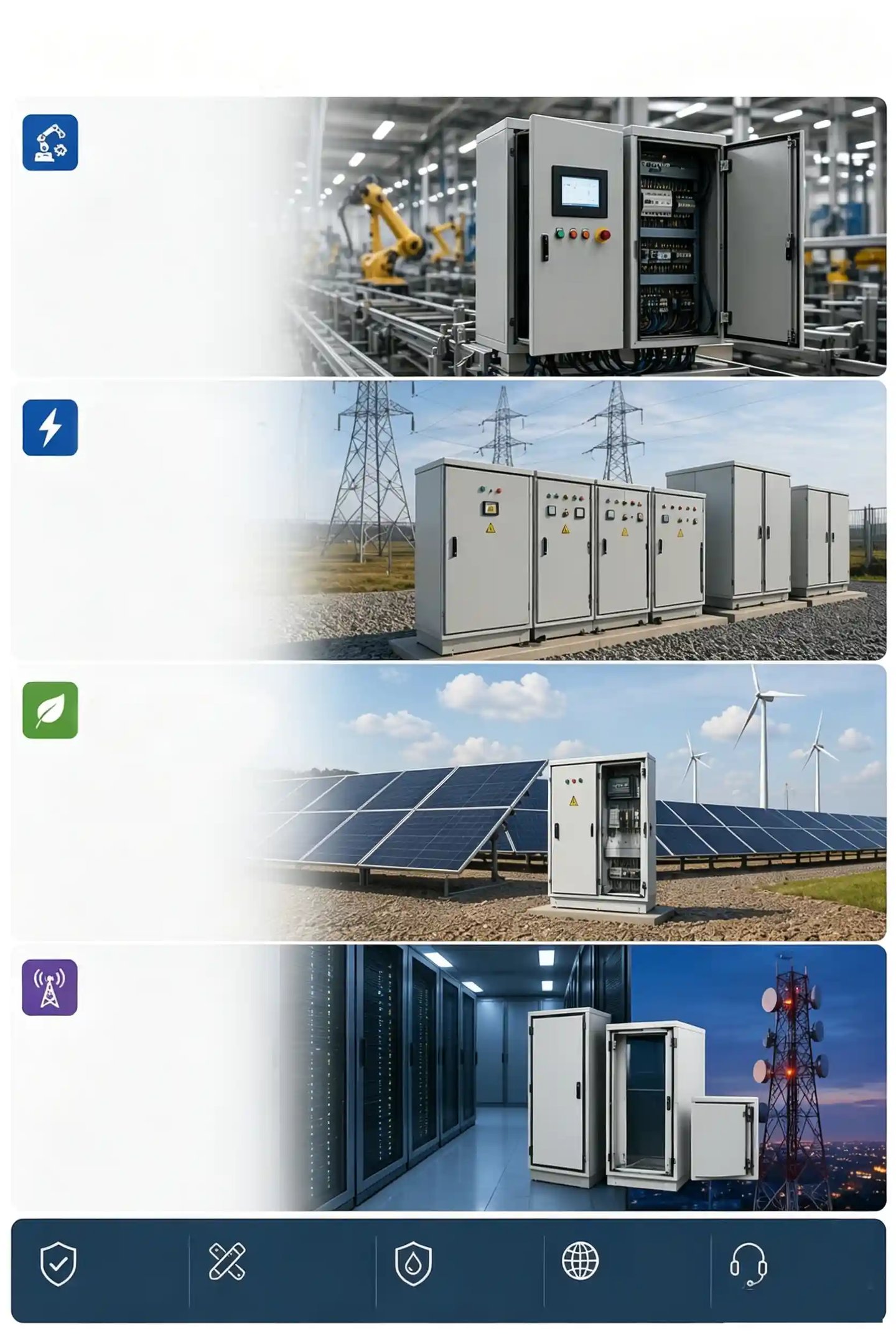 Industrial electrical enclosures for factory automation, renewable solar power, and telecommunications infrastructure.