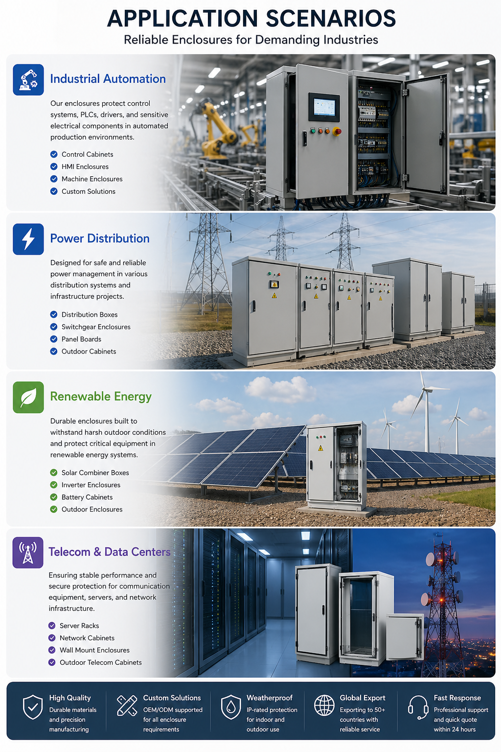 Application scenarios for industrial electrical enclosures, including automation, power distribution, renewable energy