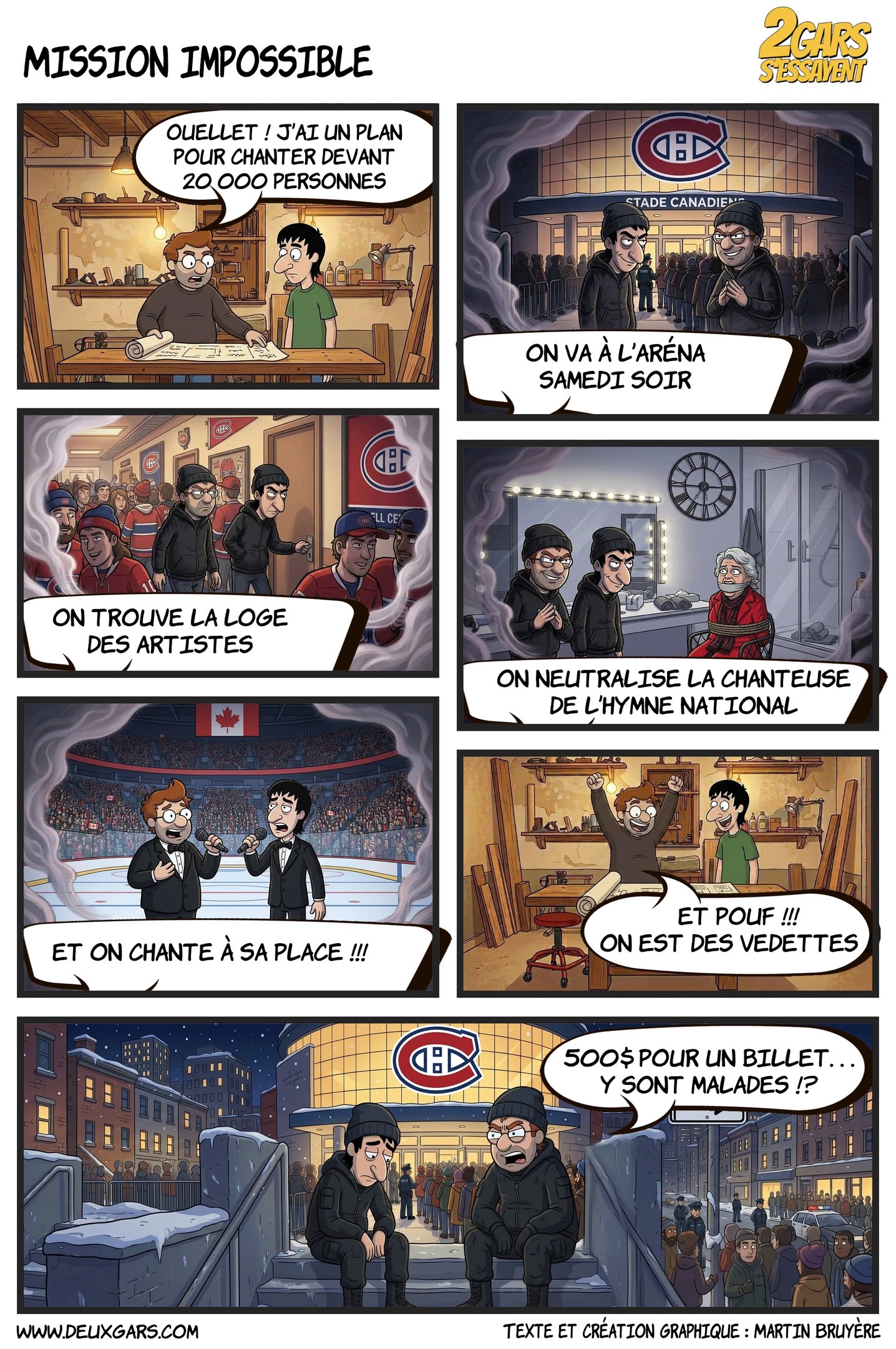 Comic strip about a plan to sing the national anthem at a Montreal Canadiens hockey game at the arena.