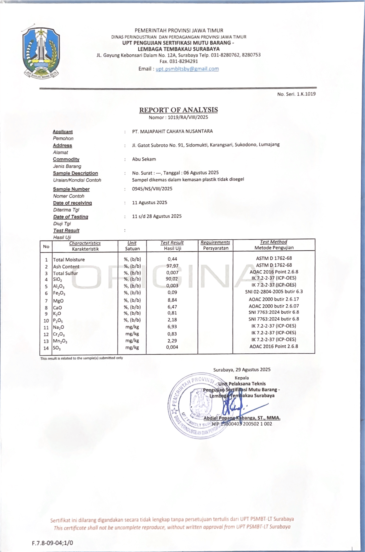 Lab result for rice husk ash tested sample