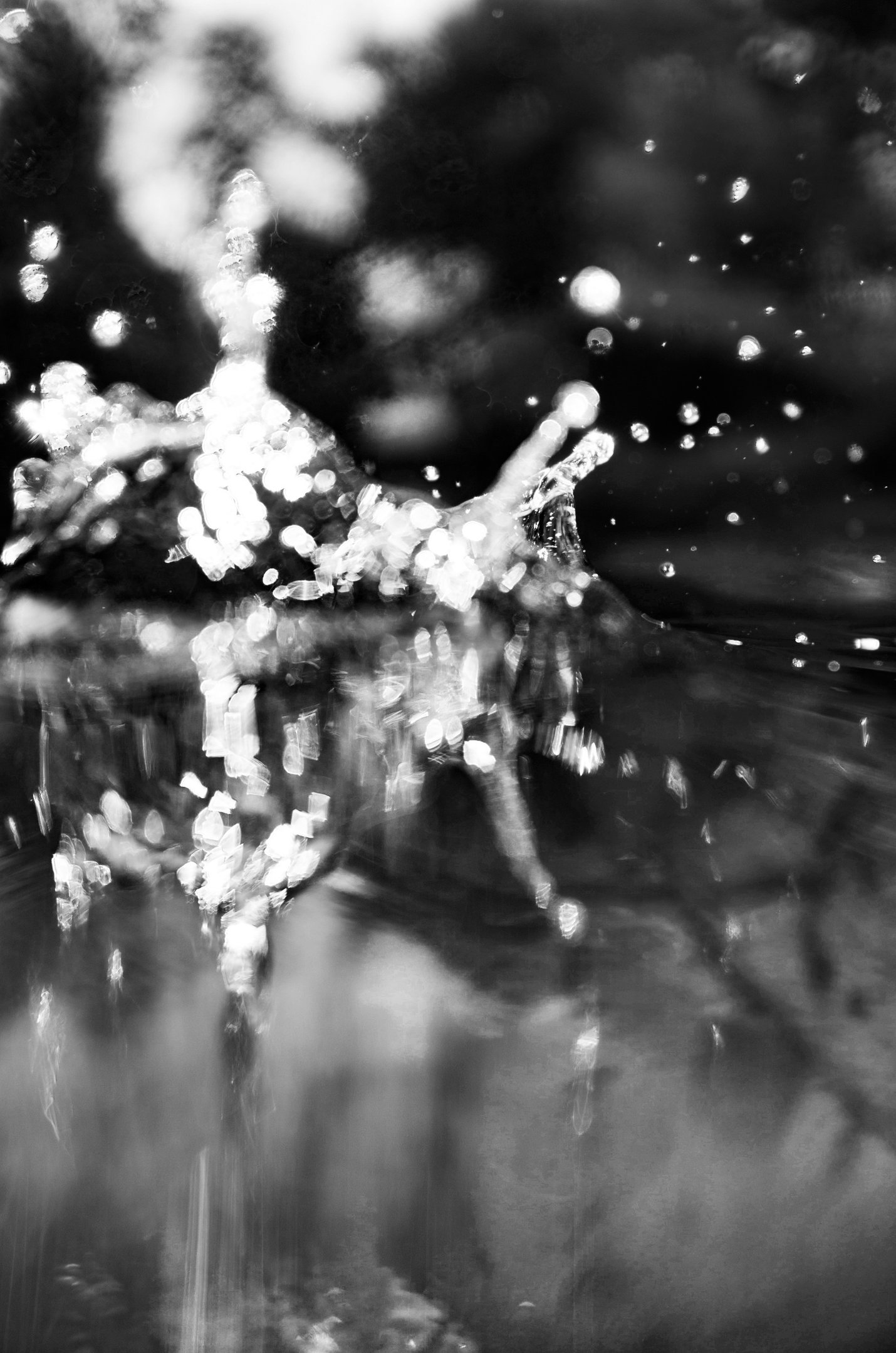 Black and white abstract photography showing a water splash with sparkling droplets and bokeh light.