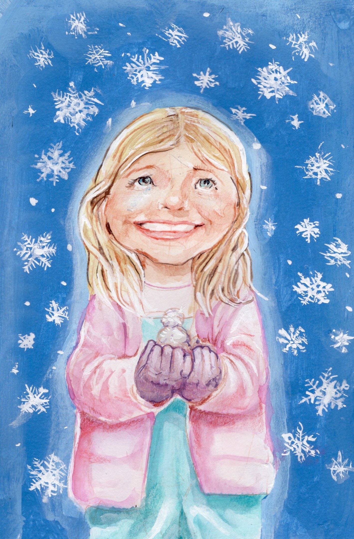 Watercolor illustration of Mary Grace smiling while holding a snowman with snowflakes all around