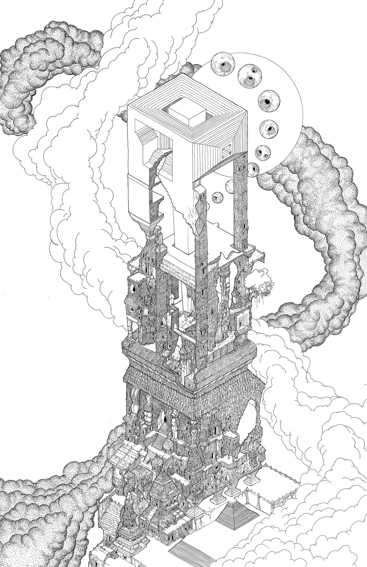 Monkey Temple I, 23 x 40 inches, Pen and Ink on Paper, 2017