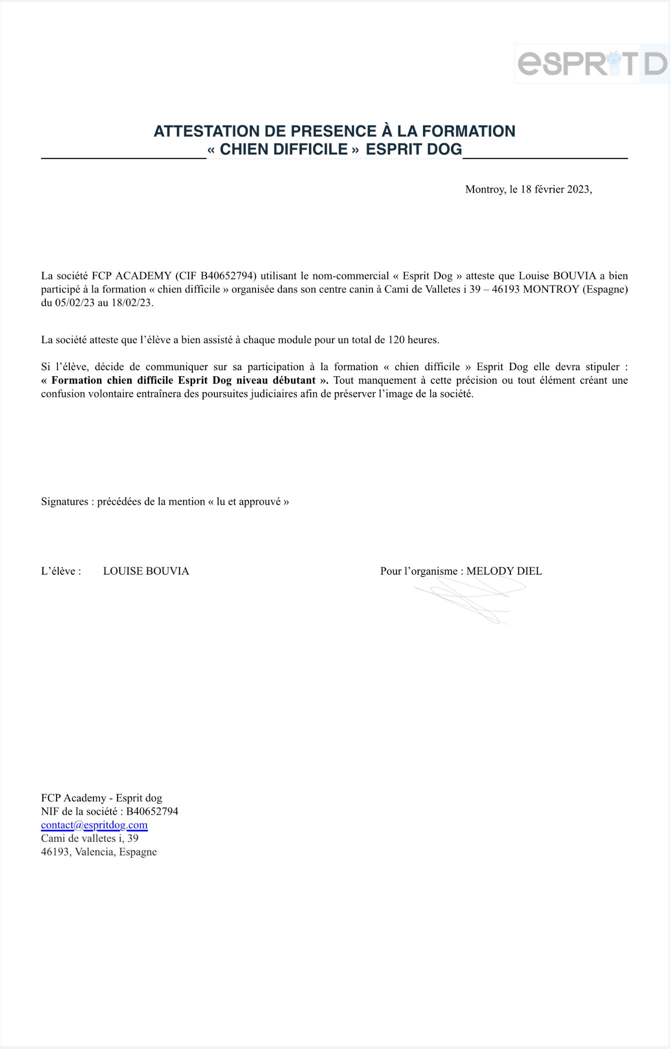 Attestation de présence formation chien difficile Esprit Dog Pro