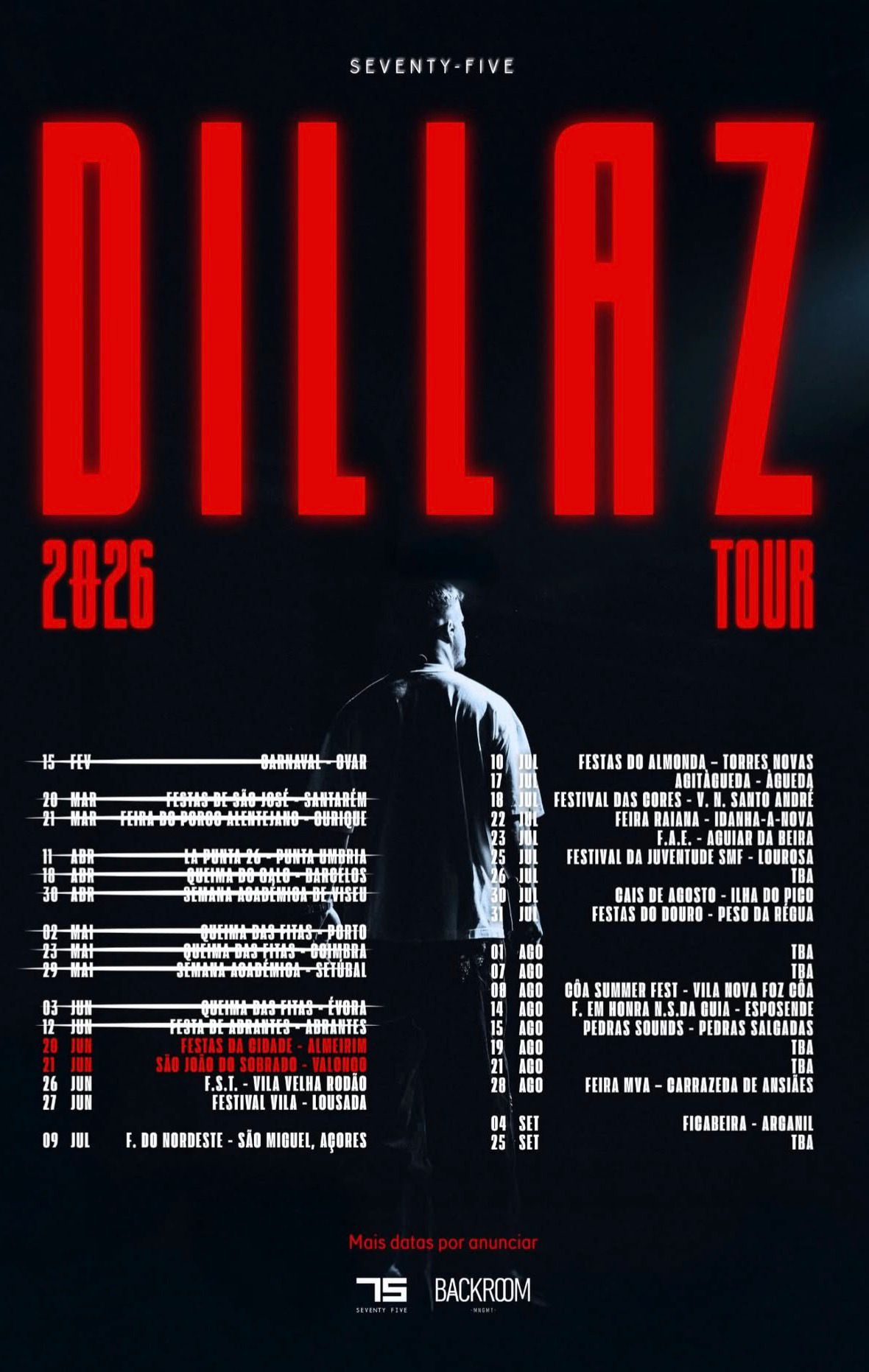 Cartaz oficial da Dillaz Tour 2026 com datas de concertos e festivais em Portugal