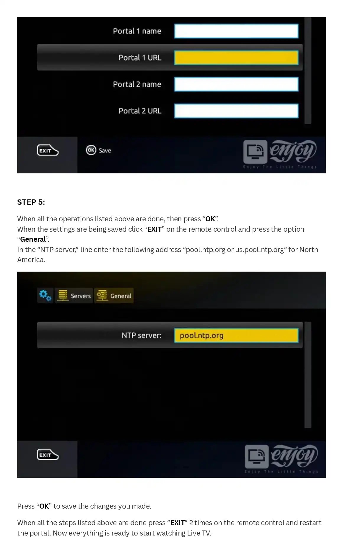 Step-by-step IPTV portal setup guide showing NTP server configuration and portal URL entry screens.