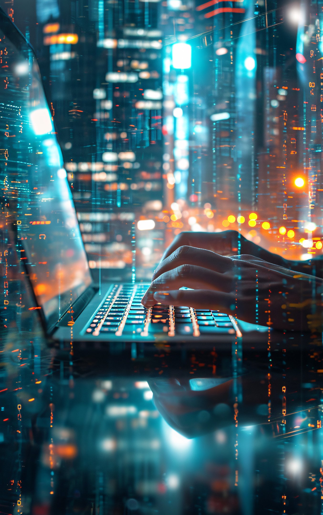 a matrix where fingers working on laptop