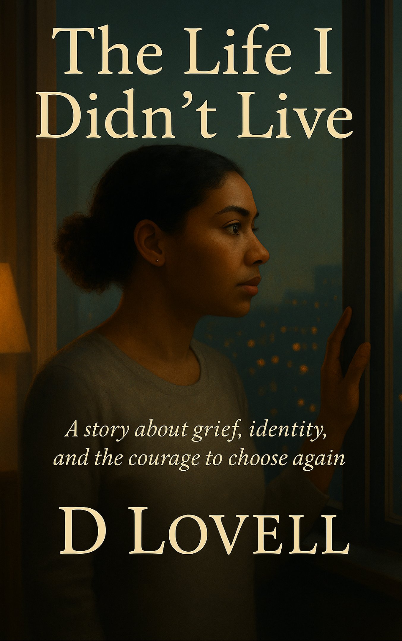 Book cover for The Life I Didn't Live by D Lovell, featuring a woman looking out a window at night.