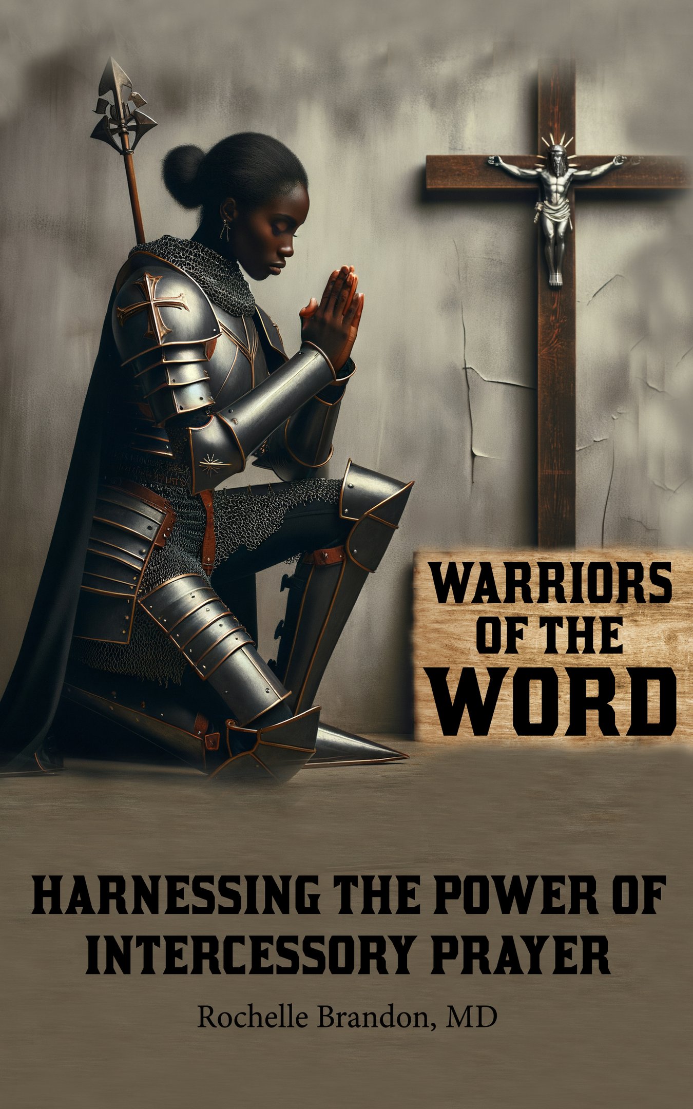 Armored African woman kneeling before a cross