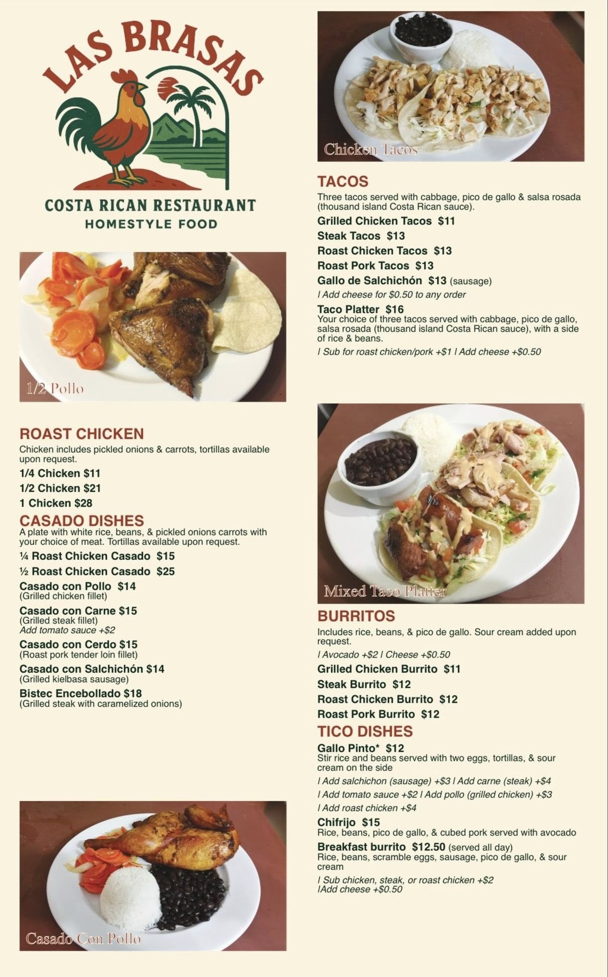 Las Brasas Costa Rican restaurant menu page 1