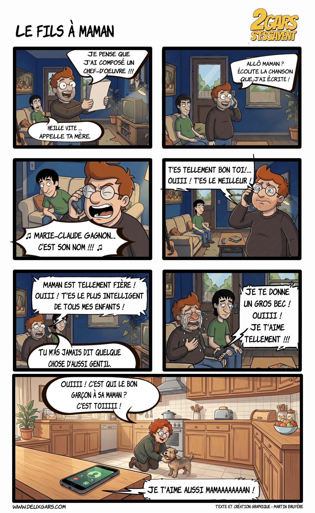 A French comic strip titled Le fils à maman showing a man singing to his mother and her dog over the phone.