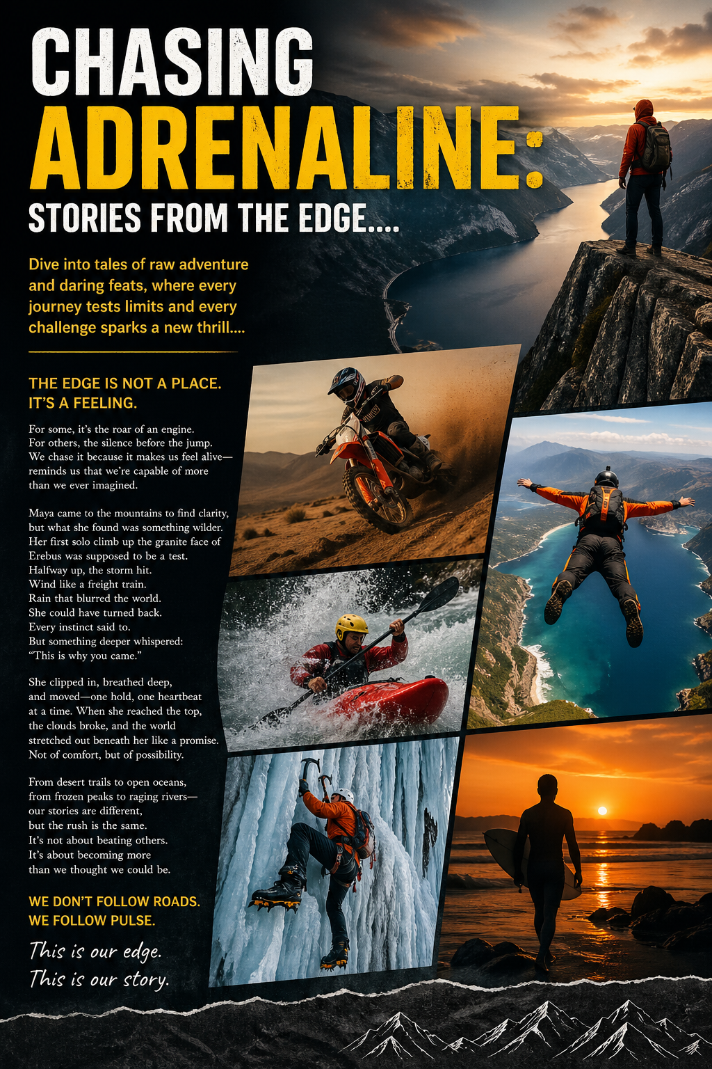 Adventure sports poster featuring extreme activities like dirt biking, skydiving, kayaking, and ice climbing.