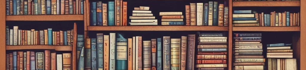 A close-up view of a bookshelf showing a psychology section label with books stored horizontally. One prominent book with a colorful spine that transitions from blue to red is partially visible.