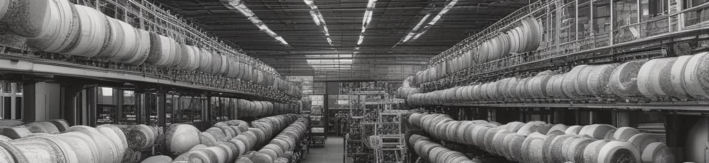 A wide warehouse aisle featuring rows of large parmesan cheese wheels aging on industrial storage racks.