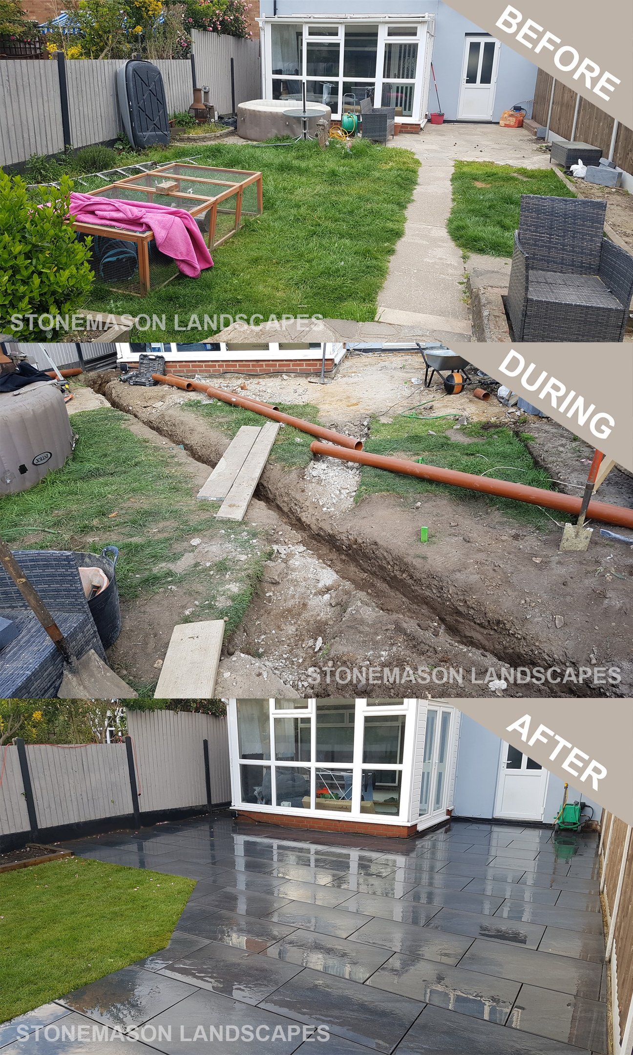 Before During & After Underground Drainage Pipes Dark Grey Porcelain Paving Patio & Lawn