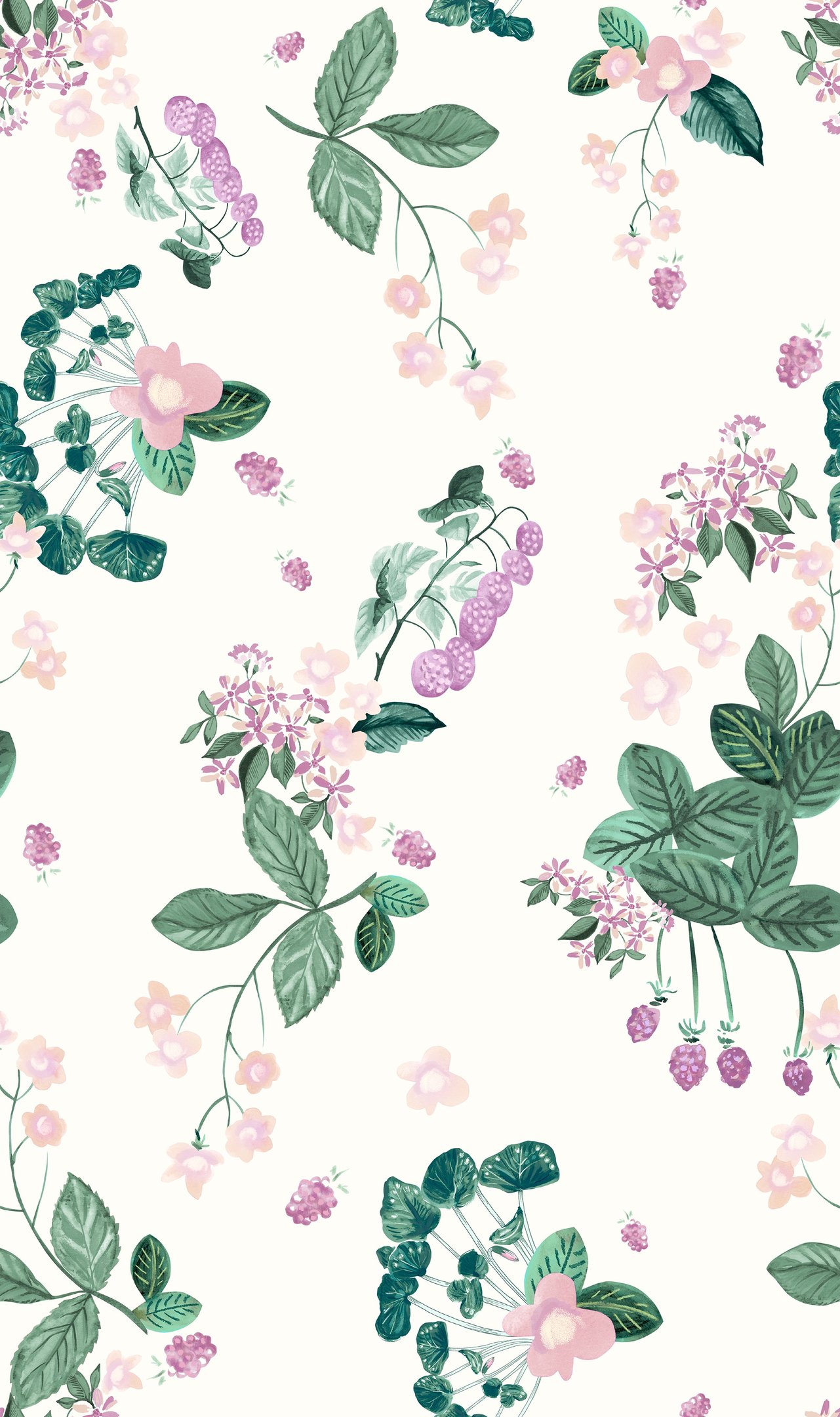 Estampa infantil de flores, folhas e uvas pintada a mão com exclusividade em aquarela e pastel seco