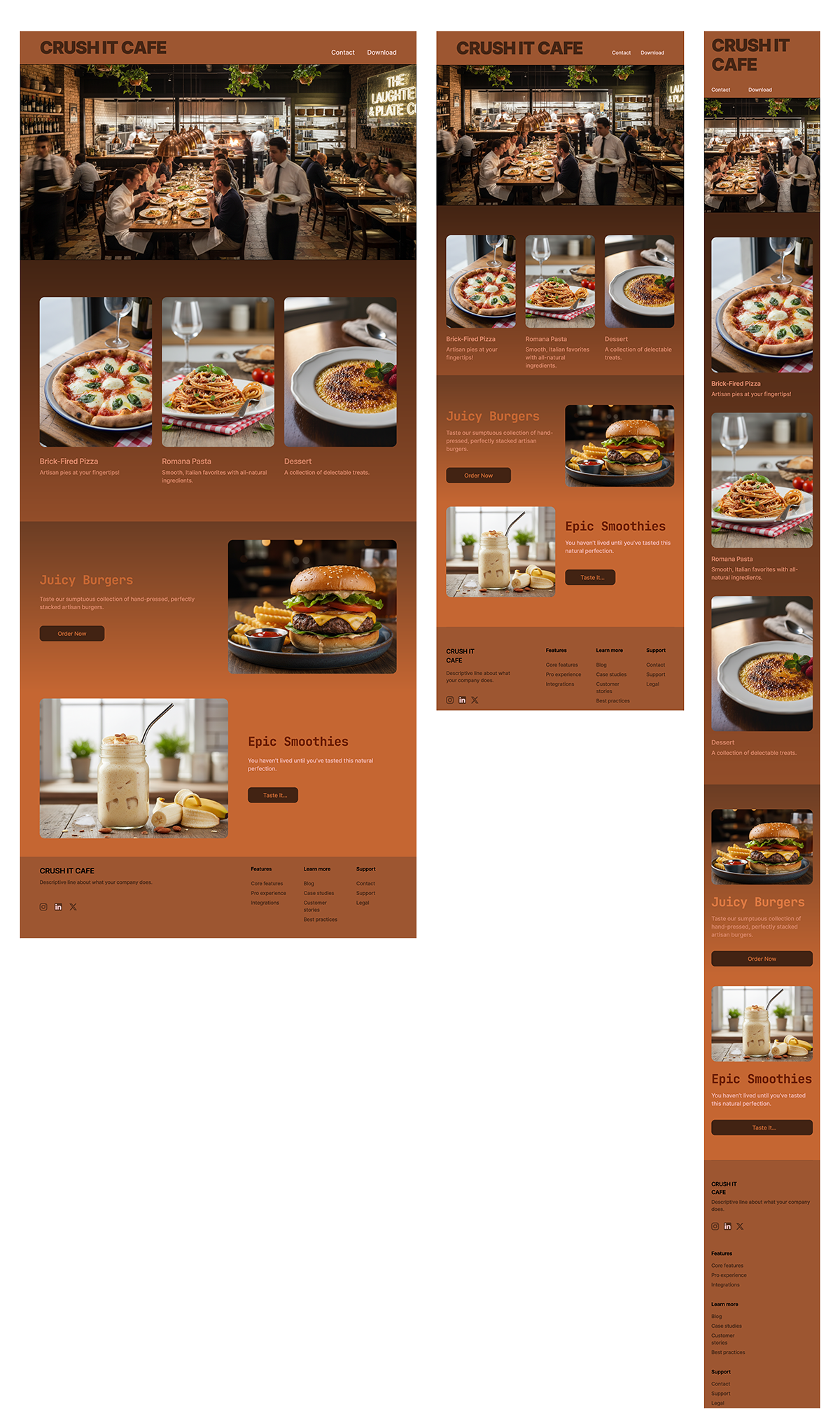 Crush It Cafe website design layout showing pizza, juicy burgers, and smoothies.
