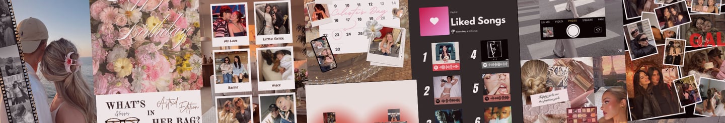 A feminine aesthetic pink collage with photos of flowers, fashion, music playlists, and memories.