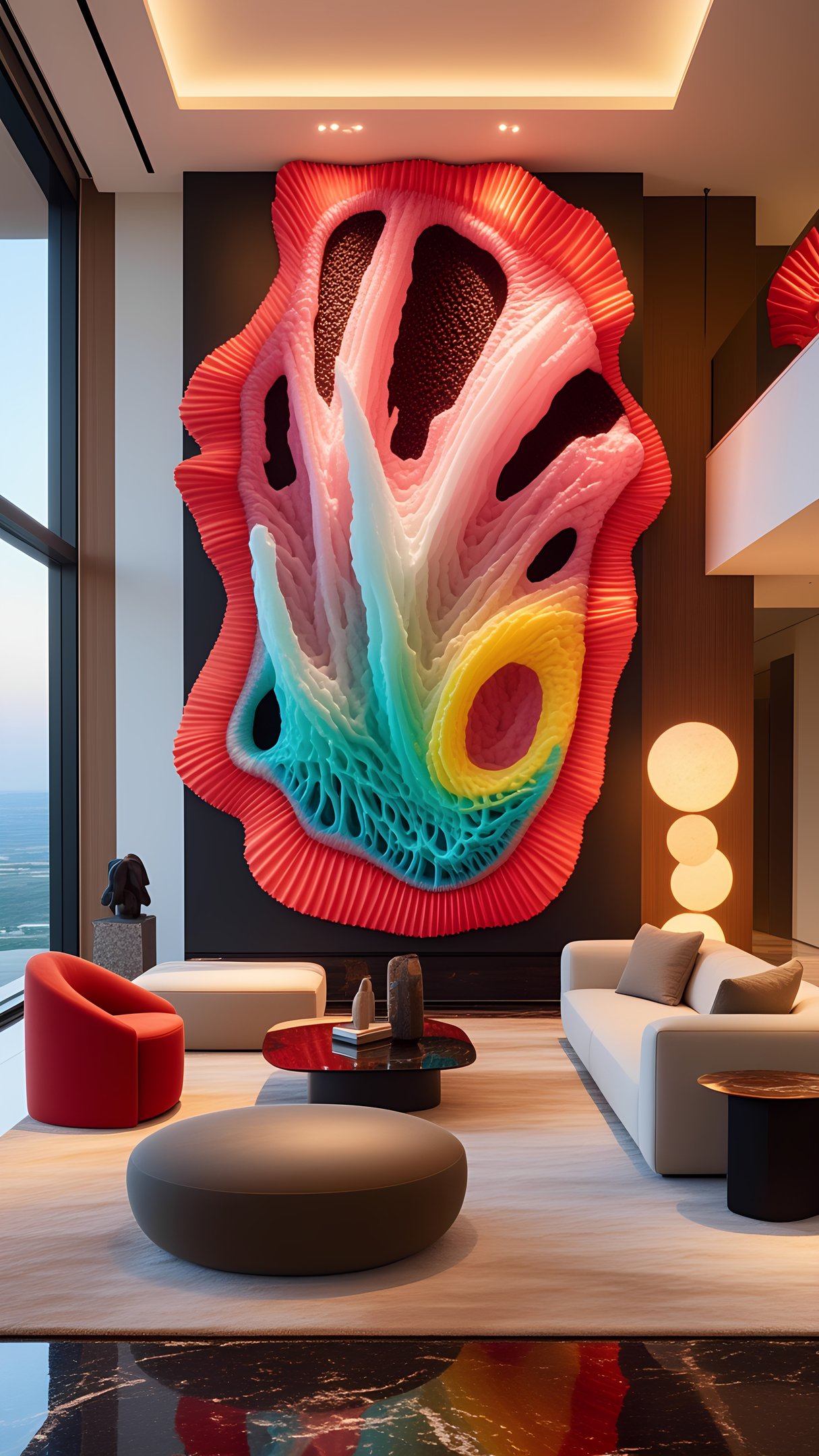 Mural escultórico 3D Chromatic Flow en lobby de hotel de lujo — Pedro Alonso Studio.