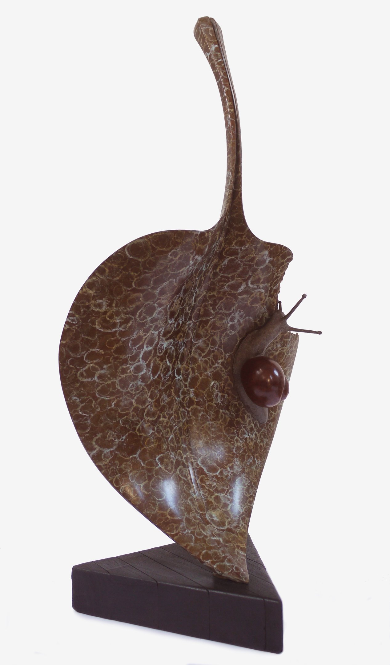 Bronze On Oak Sculpture Of Snail On Hosta Leaf By Mark Richard Hall