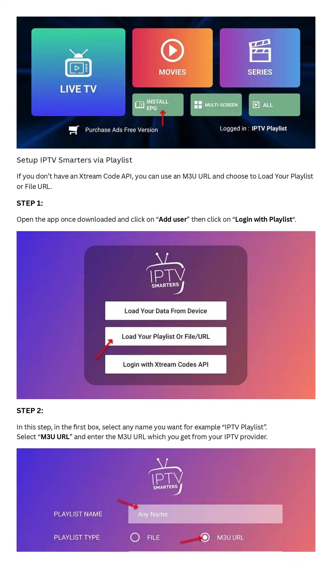 Step-by-step guide showing how to set up IPTV Smarters Pro using an M3U URL playlist.