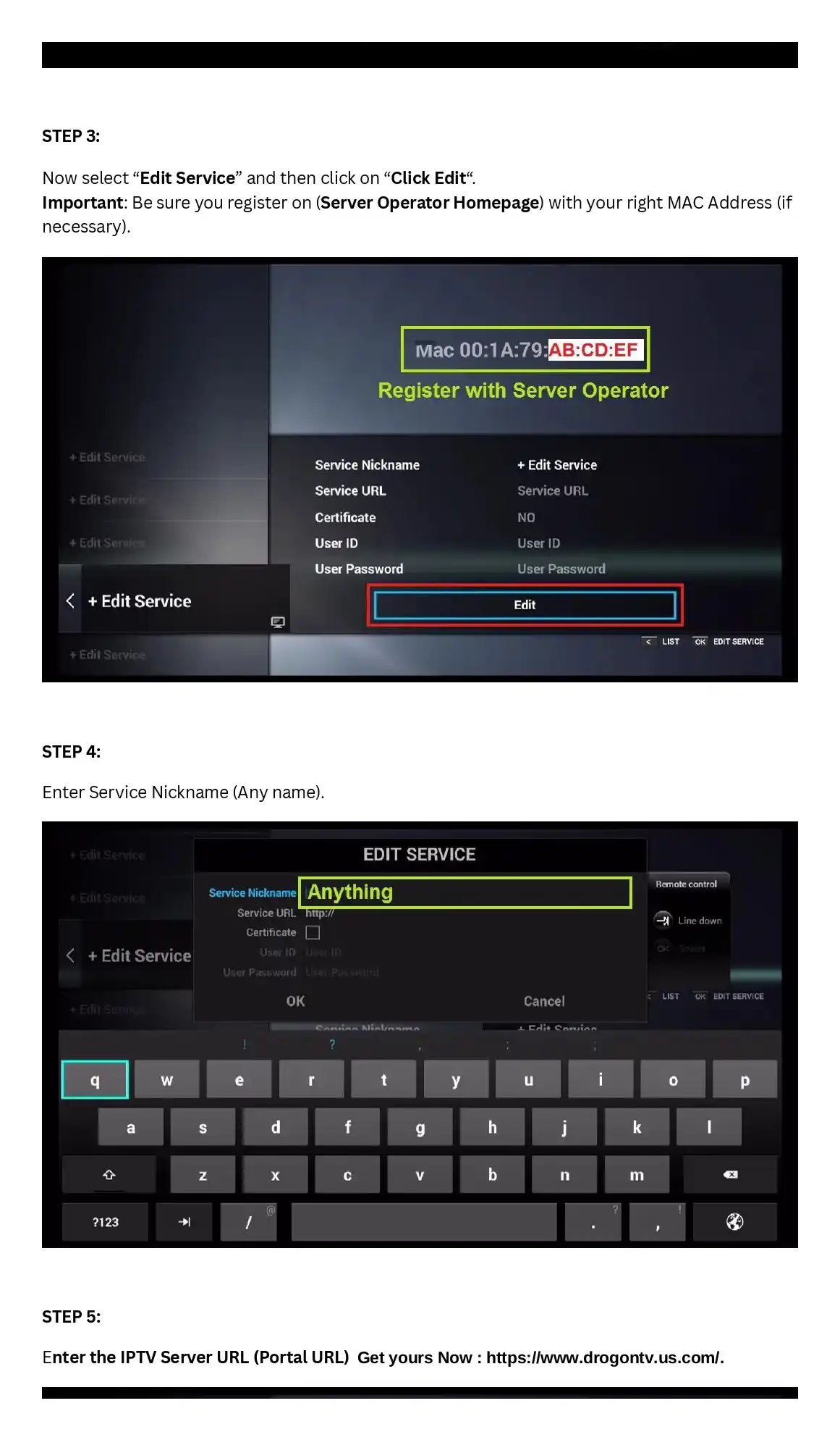 Step-by-step tutorial for IPTV service setup on a media player, showing MAC address registration and URL configuration.