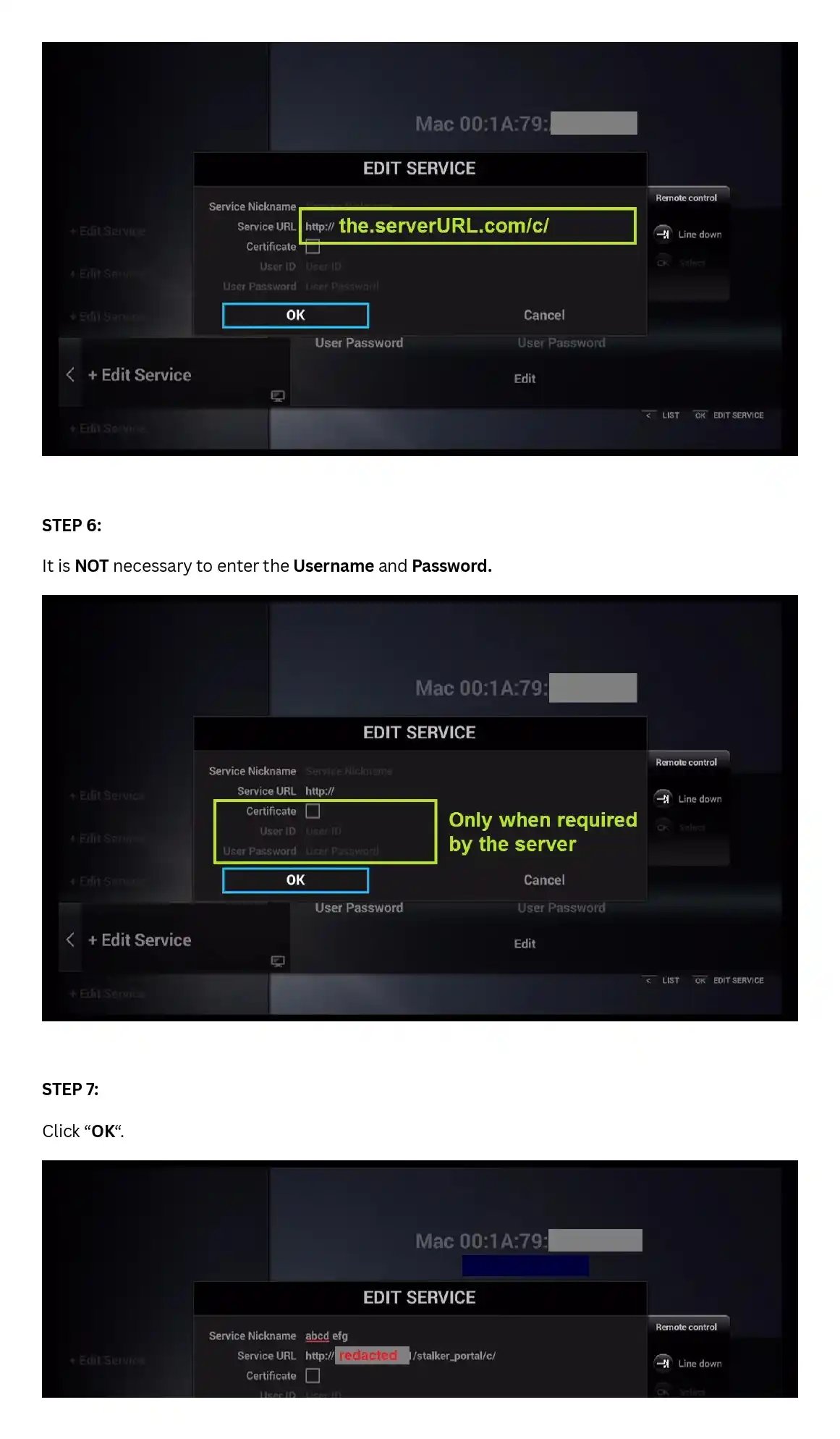 A tutorial showing the Edit Service menu on a TV screen for IPTV configuration with the server URL.