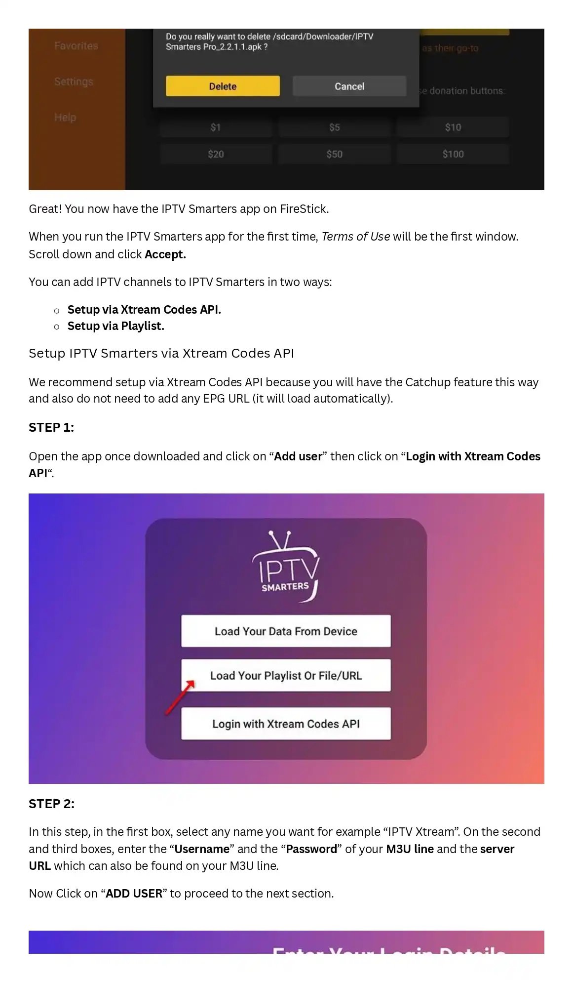 Screenshot of IPTV Smarters Pro app setup showing options to load playlist or login with Xtream Codes API.