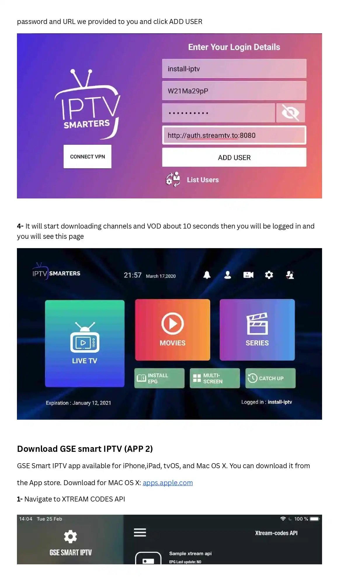 Step-by-step tutorial for setting up IPTV Smarters and GSE Smart IPTV applications on various devices.