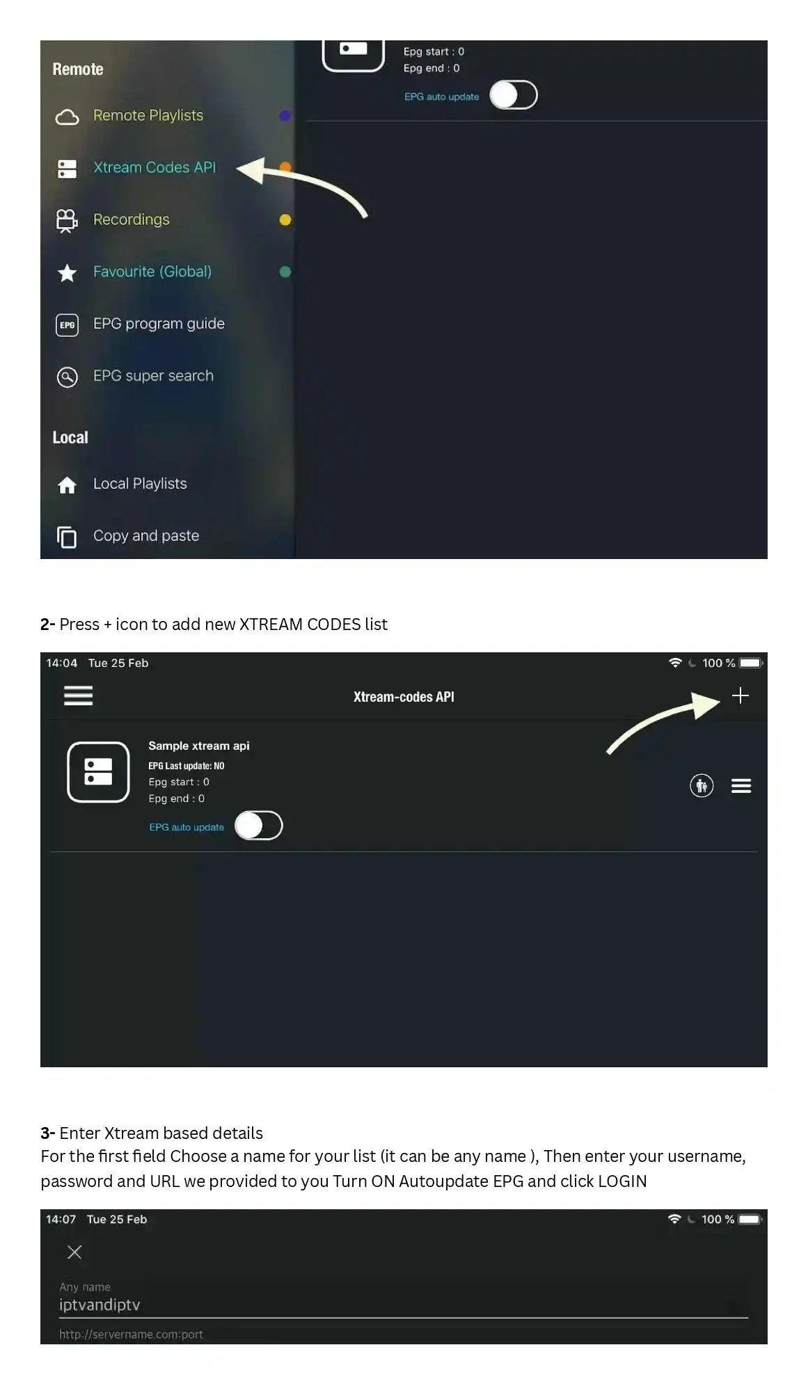 Step-by-step tutorial for configuring an IPTV player using Xtream Codes API login credentials.