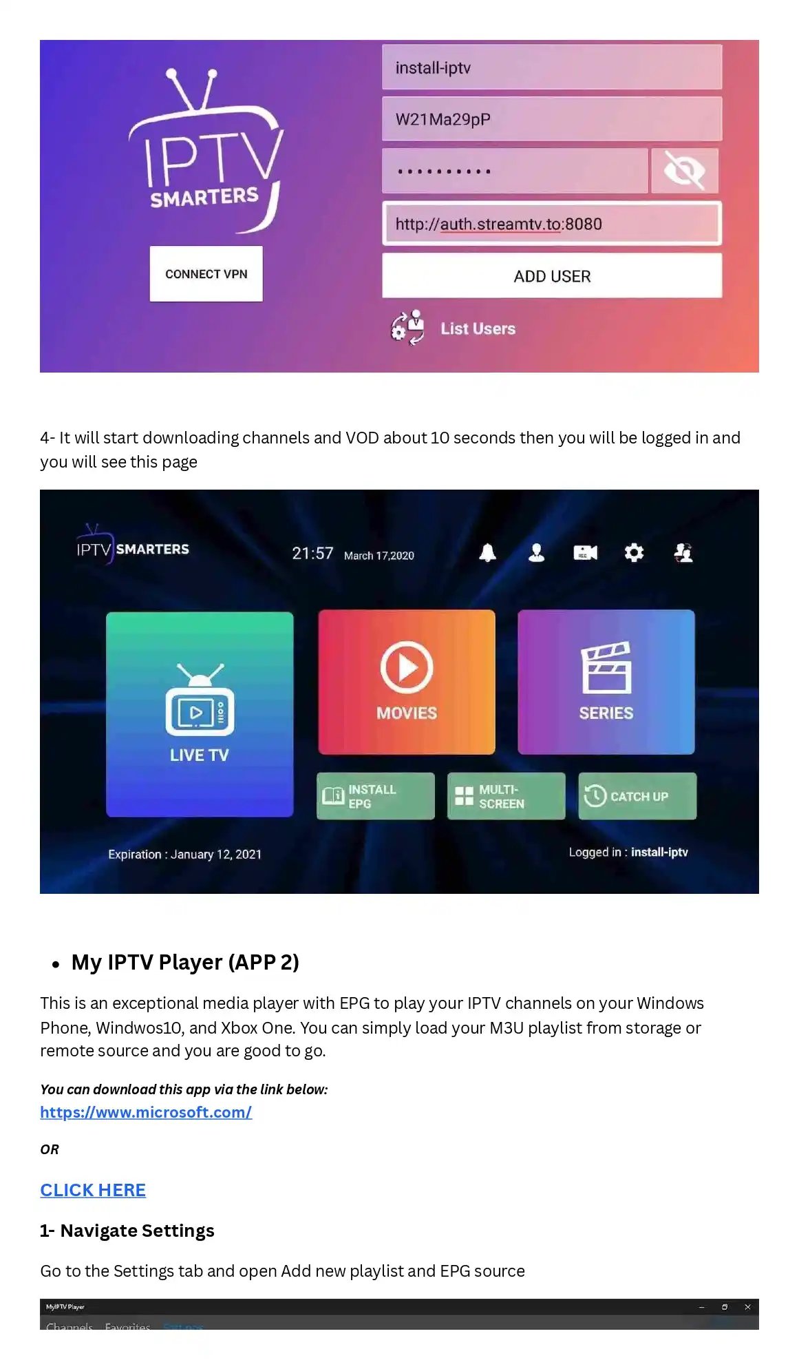 IPTV Smarters Pro app interface showing login setup and main dashboard with Live TV, Movies, and Series options.