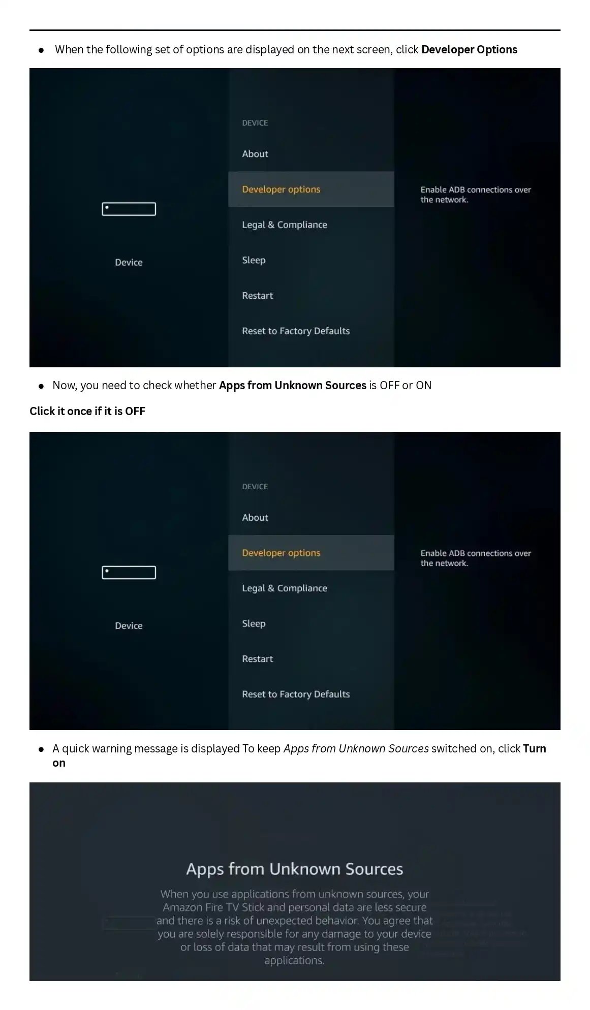 Step-by-step guide to enabling Developer options and Apps from Unknown Sources on Amazon Fire TV Stick.