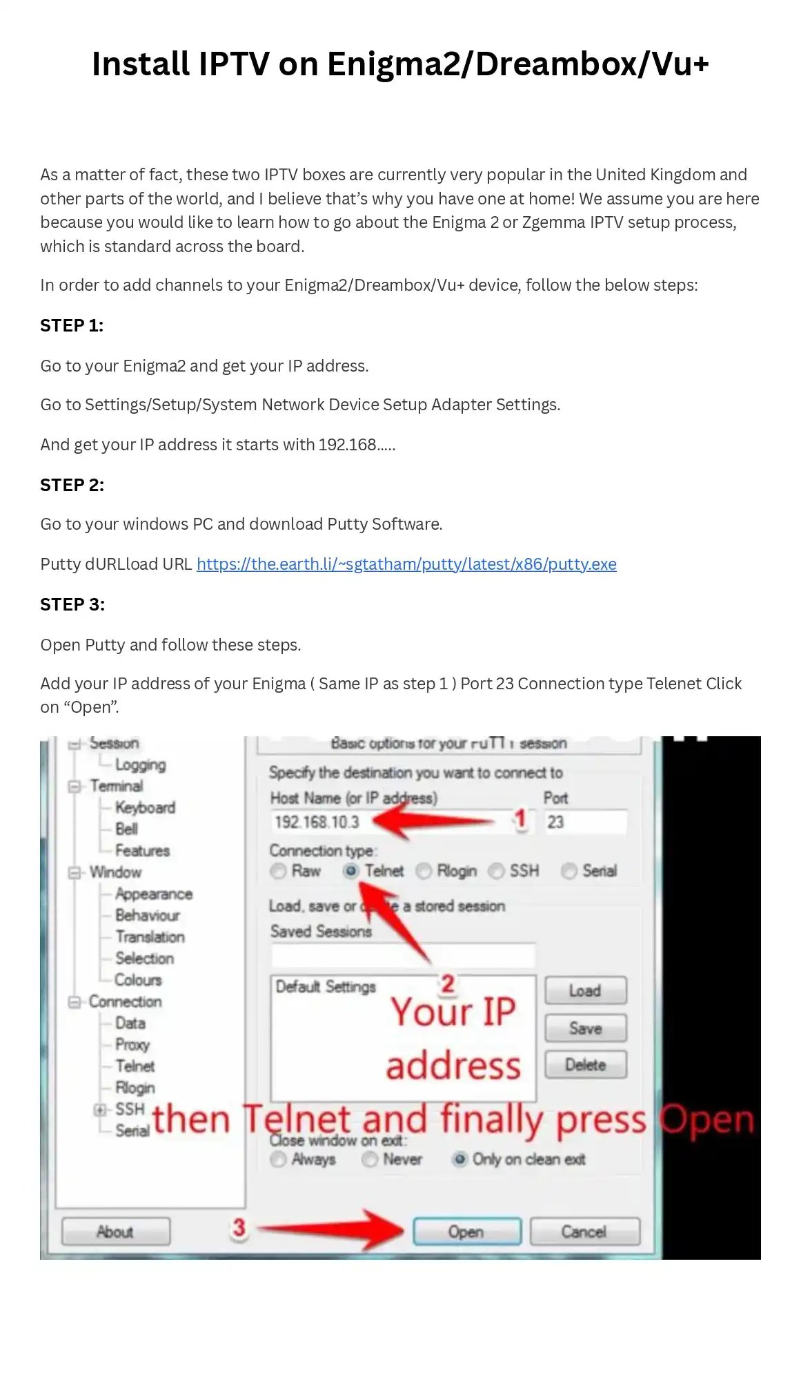 Step-by-step tutorial screenshot showing how to install IPTV on Enigma2 using Putty software and Telnet settings.