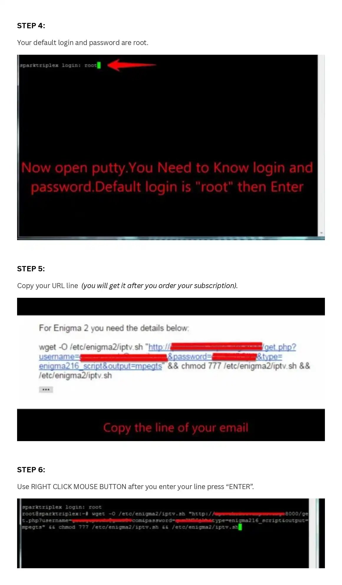Step-by-step tutorial for Enigma 2 IPTV setup using root login and PuTTY terminal commands.