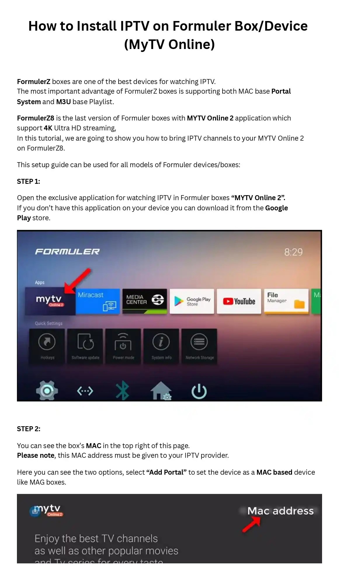 Step-by-step tutorial on how to install IPTV on a Formuler Z8 box using the MyTV Online 2 application.